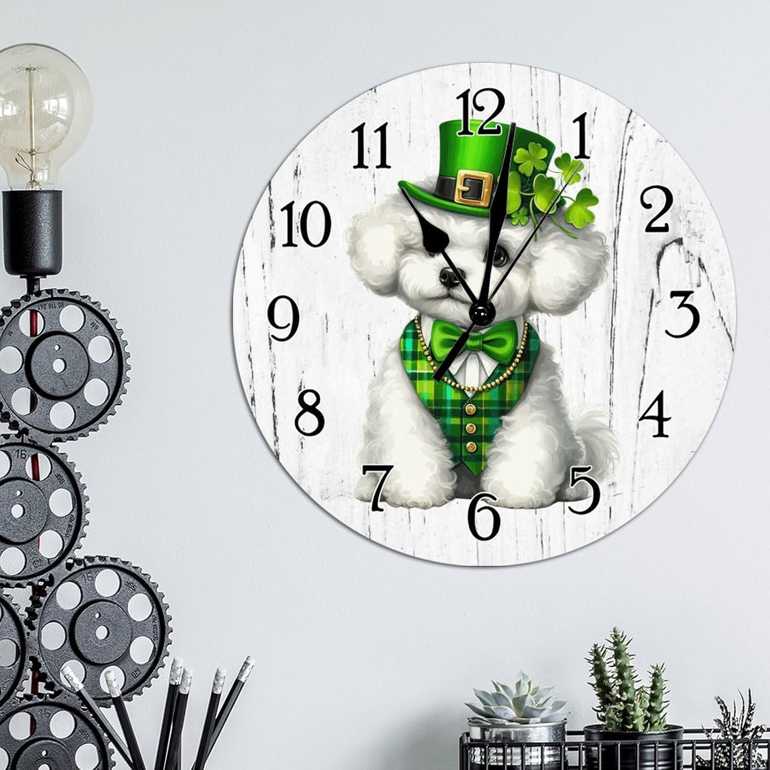 Bichon Frise Dog St. Patrick's Day Clock Bichon Frise Dog Green Leprechaun Hat Leaf Wooden Wall Clock Dog Mom Gift Round Wooden Wall Clocks Non-Ticking Silent Wall Clock 15x15in