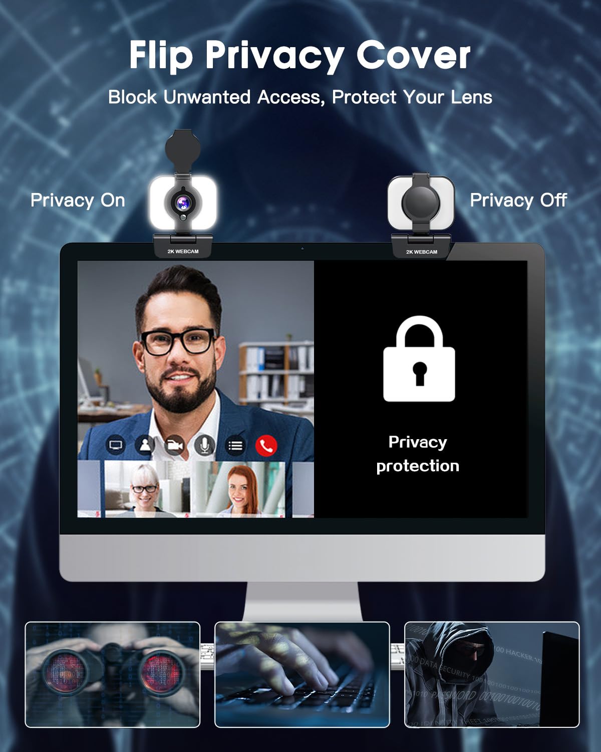 MELCAM Webcam 2K per PC, webcam con microfono, luce, copertura privacy, messa a fuoco automatica Plug and Play, fotocamera USB per computer portatile, desktop, PC, Mac, Zoom, Skype, riunioni