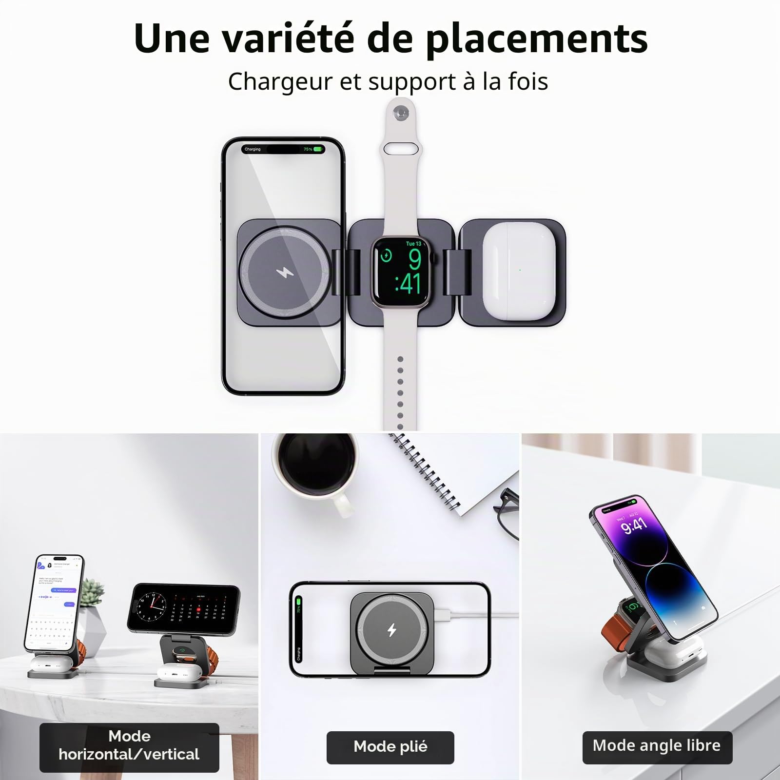 KU XIU X55 Station de Charge pour Magsafe, Chargeur sans Fil Pliable 3 en 1, 15W Support Chargeur Induction Magnétique pour iPhone 17-12, 5W pour Apple Watch & AirPods, 30W Adaptateur Inclus, Gris