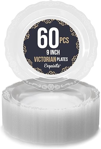 SIZENAME - Platos de plástico desechables, diseño victoriano de calidad premium, color crema, para fiestas y bodas, 60 unidades