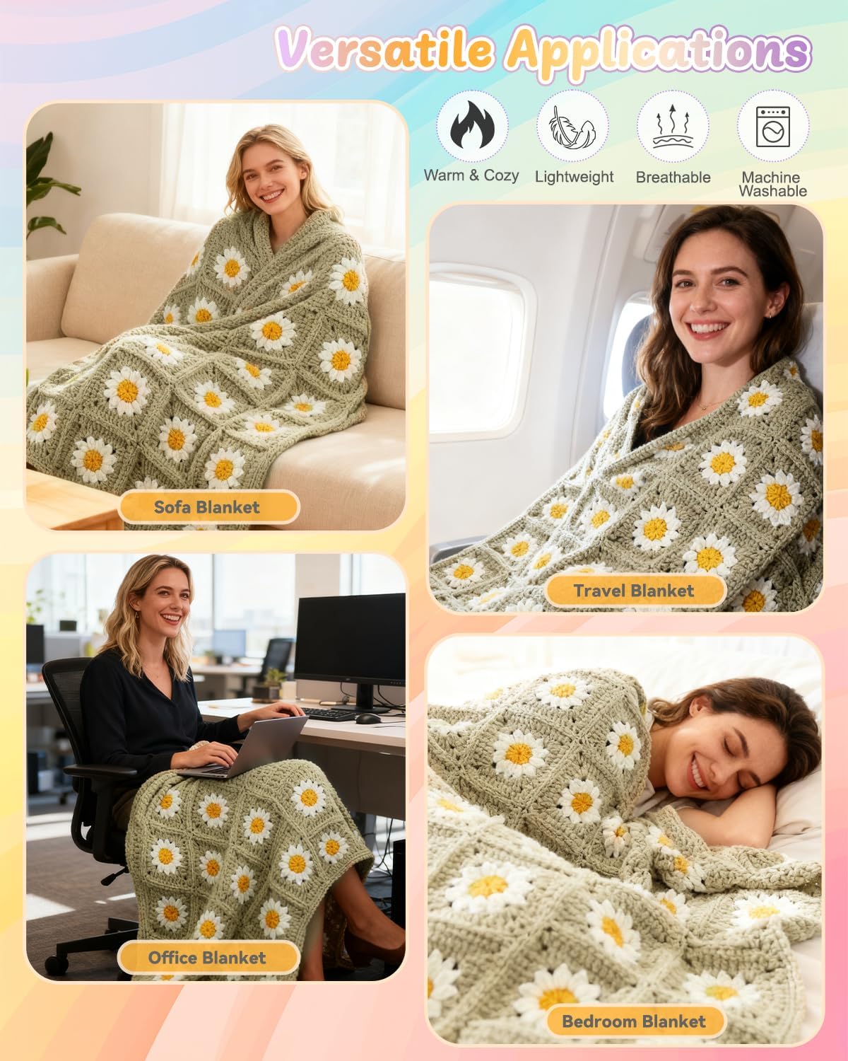 Coopay Crochet Blanket Kit for Beginners, All-in-One Granny Square Blanket Kit with Step-by-Step Video & Enough Yarns - Master Granny Square Crocheting Easily, Ideal Gift for Craft Lovers (Camel)