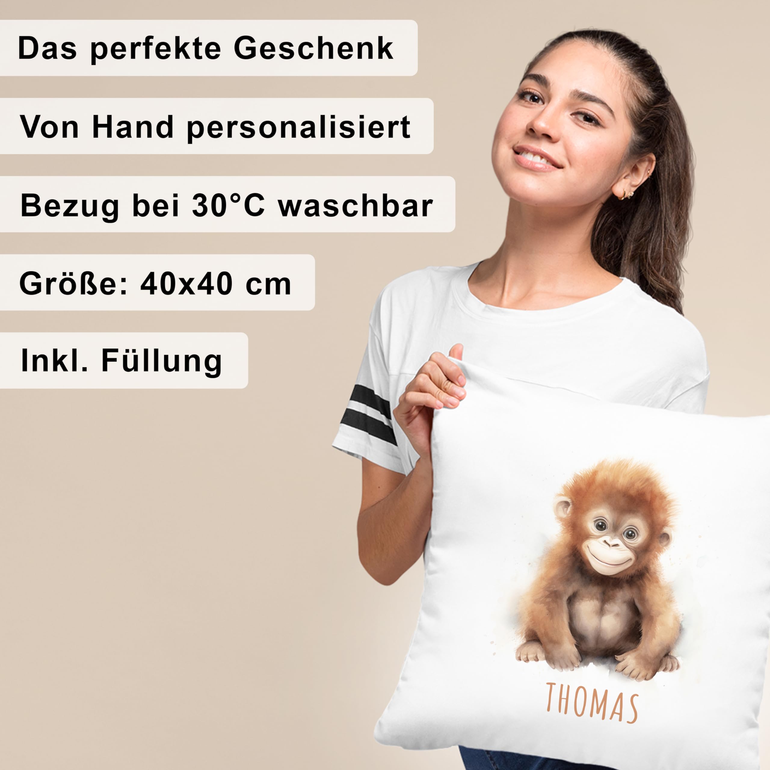 DEL MÀ Unique & Personal AFFE Kissen personalisiert mit Namen Kinderkissen Kuschelkissen Kinder Geschenk Kinderzimmer Deko Junge Mädchen Zierkissen Dekokissen 40x40 cm inkl. Füllung und Bezug