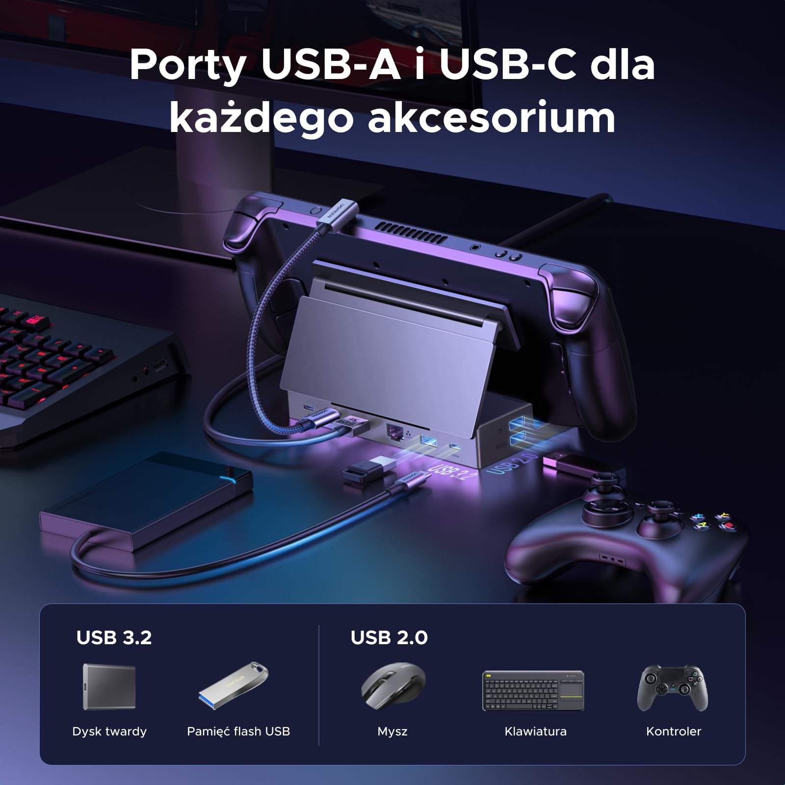 UGREEN Steam Deck Dock z 4K@120Hz DP, portami danych USB 10Gbps, Gigabit Ethernet, czytnikiem kart SD/TF, stacją dokującą PD 100W USB C kompatybilną ze Steam Deck, ROG Ally, Legion Go, iPad Pro