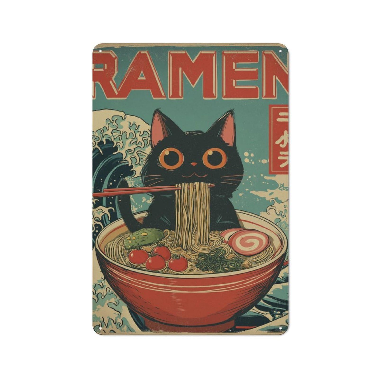 Junmoney Cat Ramen Feast For Garden Room Or Summerhouse, Retro Tin Sign 30X20cm, Suited To Wall Displays In Garden Rooms And Summerhouses