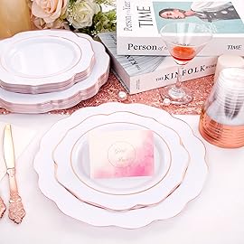 NOCCUR 175PCS Rose Gold Plastic Plates with Disposable Silverware - Include 25Dinner Plates, 25Dessert Plates, 25Forks, 25Knives, 25Spoons, 25Cups, 25Napkins for Wedding&Party