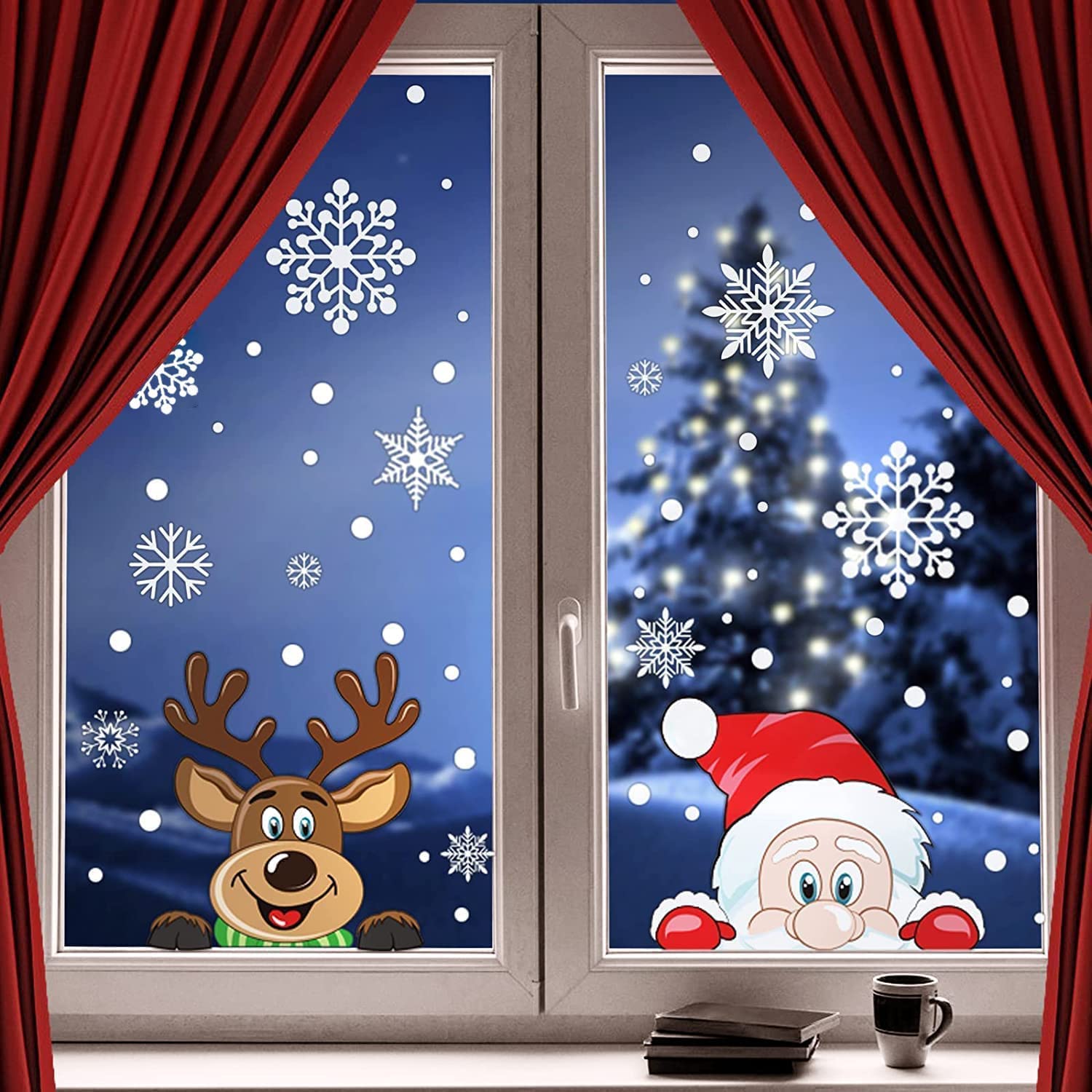 Colorful Christmas character and snowflake window cling sheets