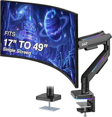 AVLT RGB Lights Single 17”-49” Gaming Monitor Arm Desk Mount, Fits One Flat/Curved/Ultrawide Screen up to 44lbs(20kg), Height Swivel Tilt Adjustable Stand - Black