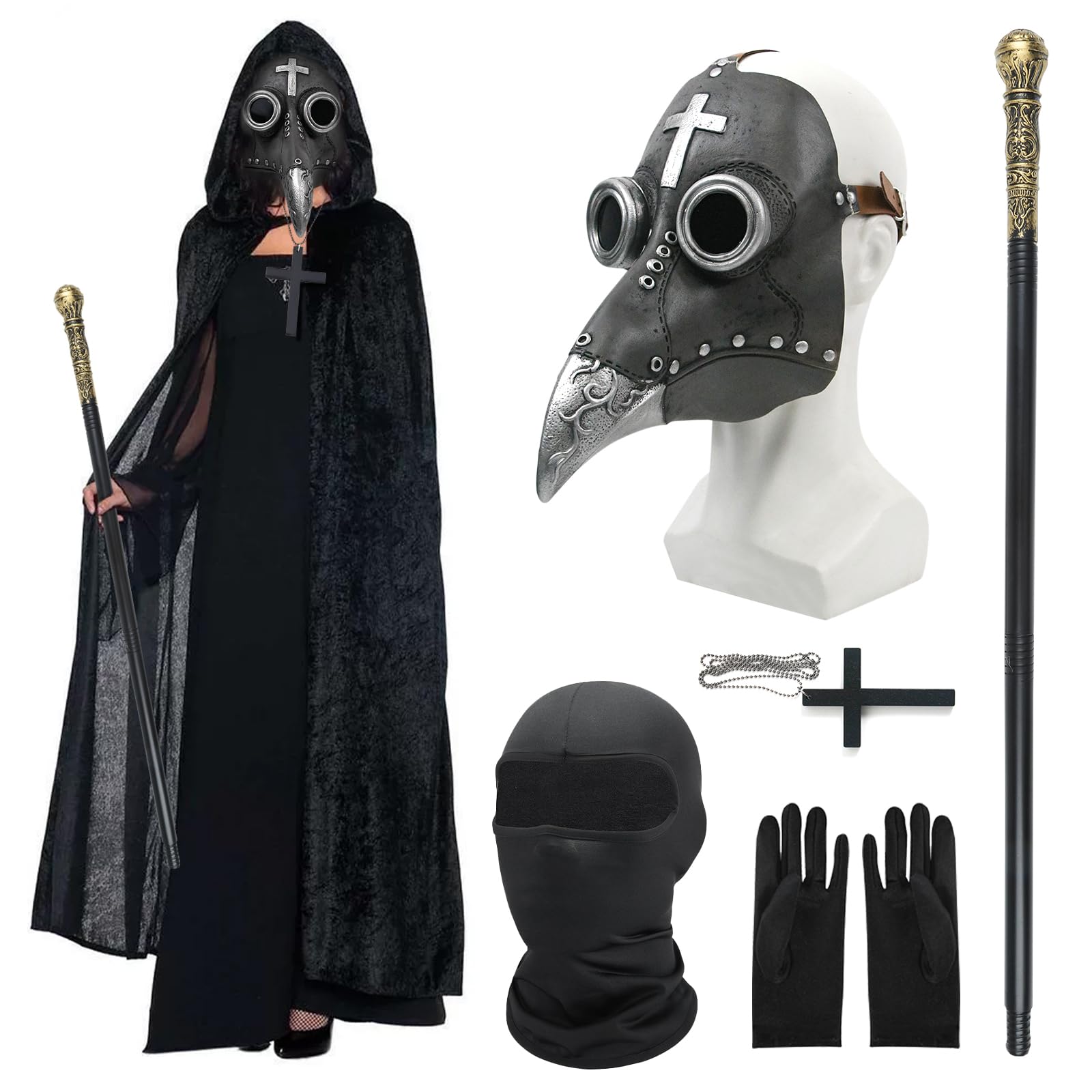 Adult Halloween Costume Men, Plague Doctor Outfit, Plague Doctors Mask Steampunk Bird Mask with Gloves, Hooded Cloak