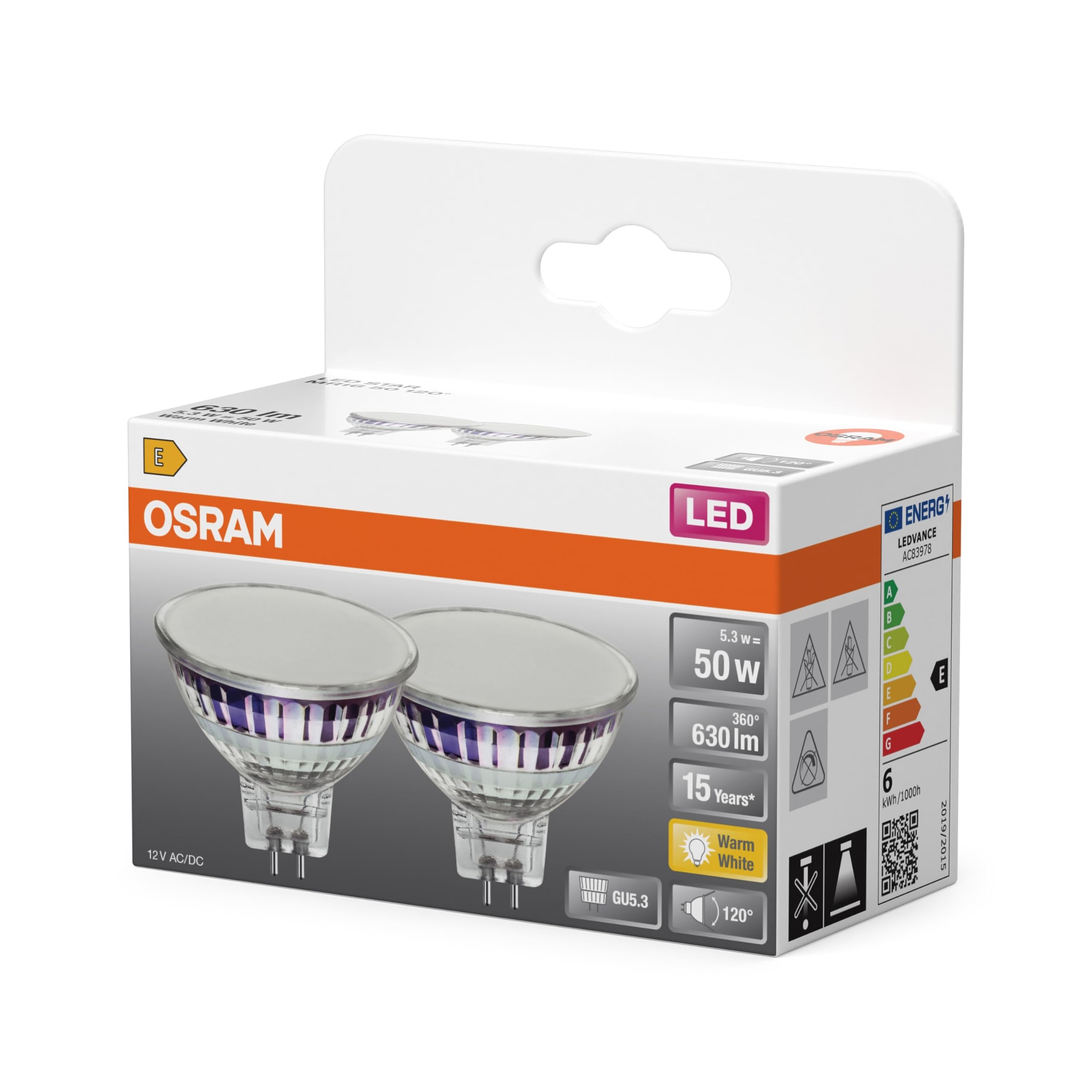 OSRAM Riflettore LED Spot Star MR16 50°/120 caldo 5,3W GU5.3 | LED Star MR16 50 120°, LED Lamps, Chiaro, 15000 h, confezione da 2