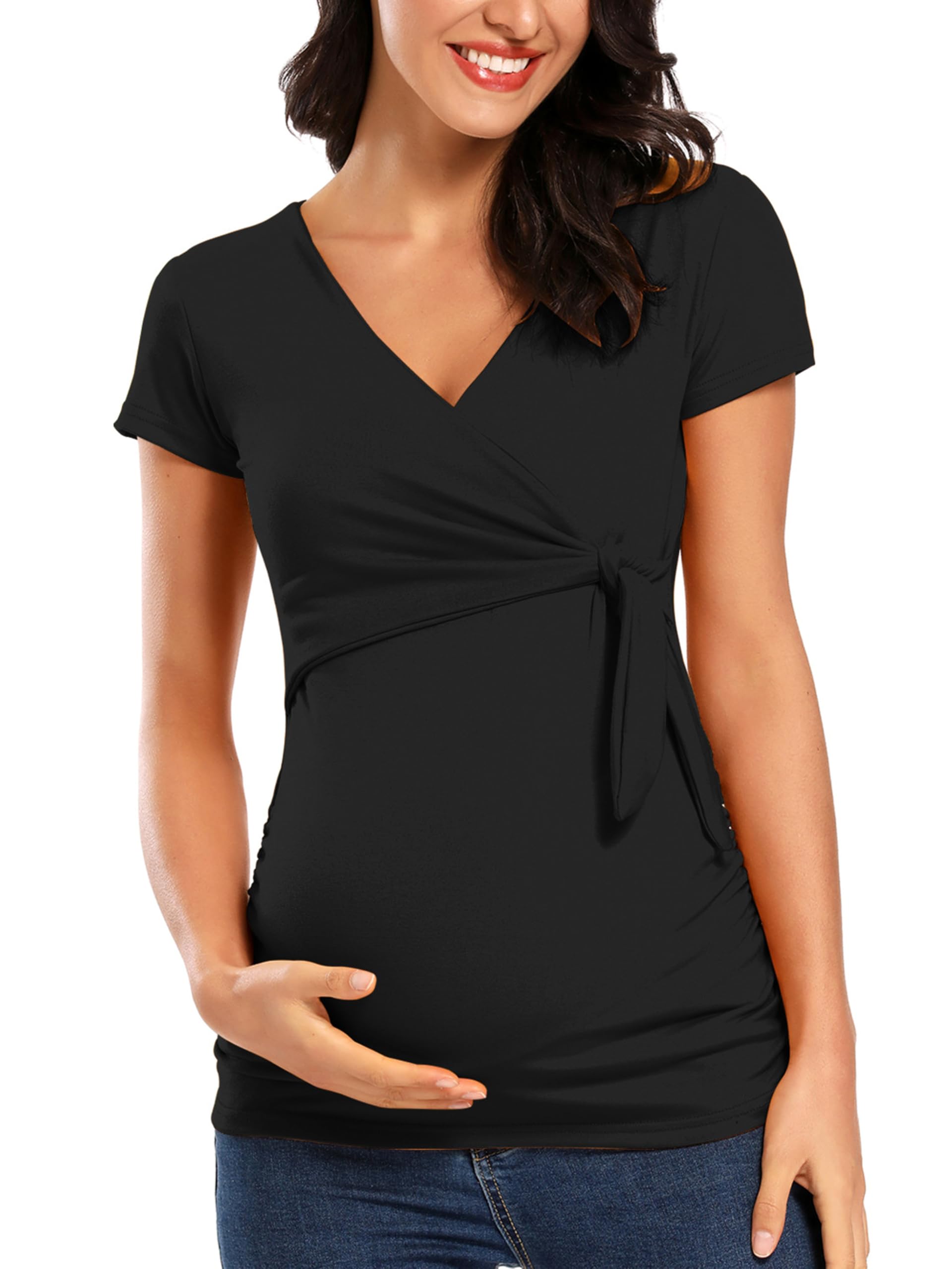 Love2Mi Damen Stillshirt Kurzarm Umstandsshirt Umstandsmode V-Neck Schwangere Nursing Tops - 4