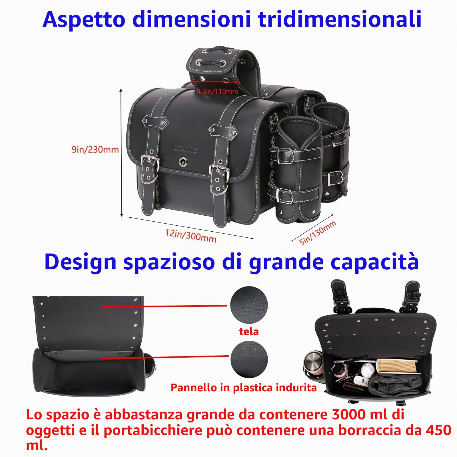 Saddebags da moto in pelle ad alta densità, borse laterali con portabicchieri, impermeabile, borsa porta attrezzi laterale, borsa per attrezzi per moto, universale, 1 paio, nero (Nero1)