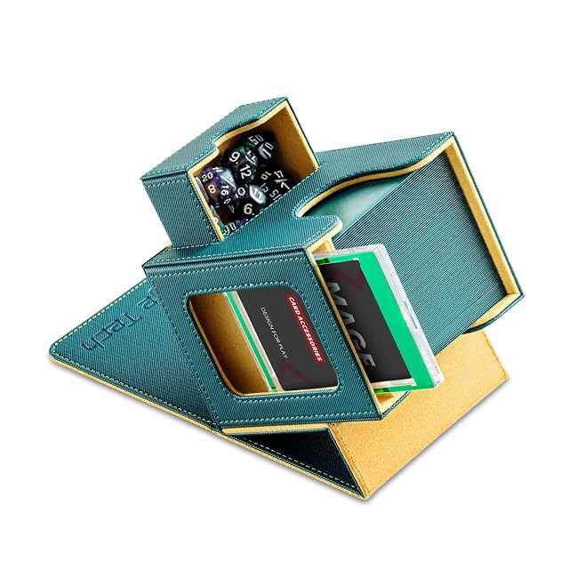Mage Tech Caja de cartas para MTG Commander, diseño patentado, pantalla Commander, como soporte de mazo, se adapta a 100 tarjetas de doble manga, incluye bandeja de ladrillos y dados de 35 puntos (8