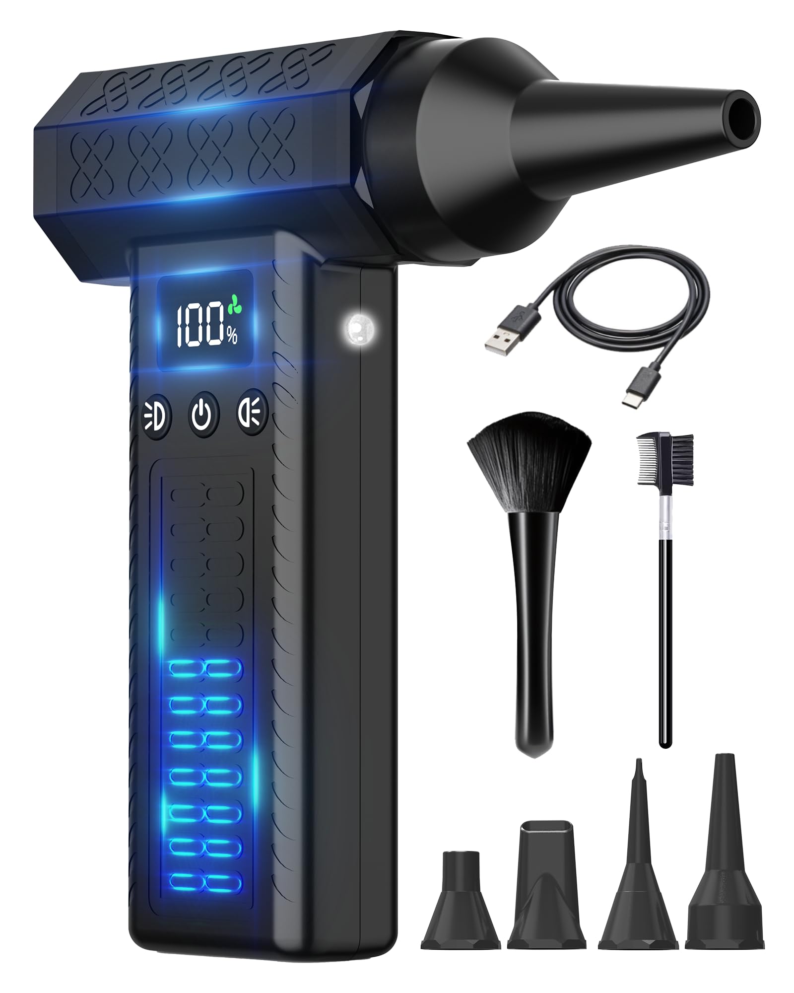洗車 ブロワー 最強 300000rpm電動エアダスター 最大風力120m/s 小型ミニブロワー (3段風量調整· 8000mAh· 200分連続作業可) 充電式ブロアー ２個LEDライト付き 274g軽量 コードレス LCD数字ディスプレイ搭載 純真鍮ターボブラシレスモーター カメラ/pc/キーボード/パソコン疾風掃除 水滴飛ばし (ブラック)