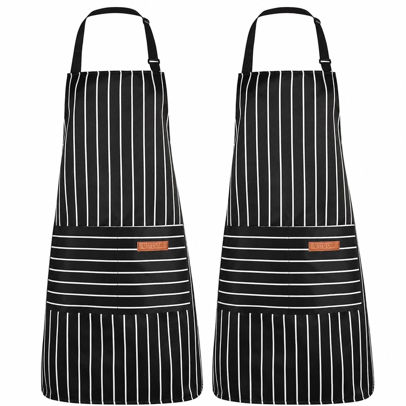 Set of 2 Adjustable Bib Aprons with Pockets, Unisex Black and White Striped Kitchen Aprons for Cooking, Chef Apron for Men Women, Home Kitchen, Restaurant, Café, BBQ and Baking