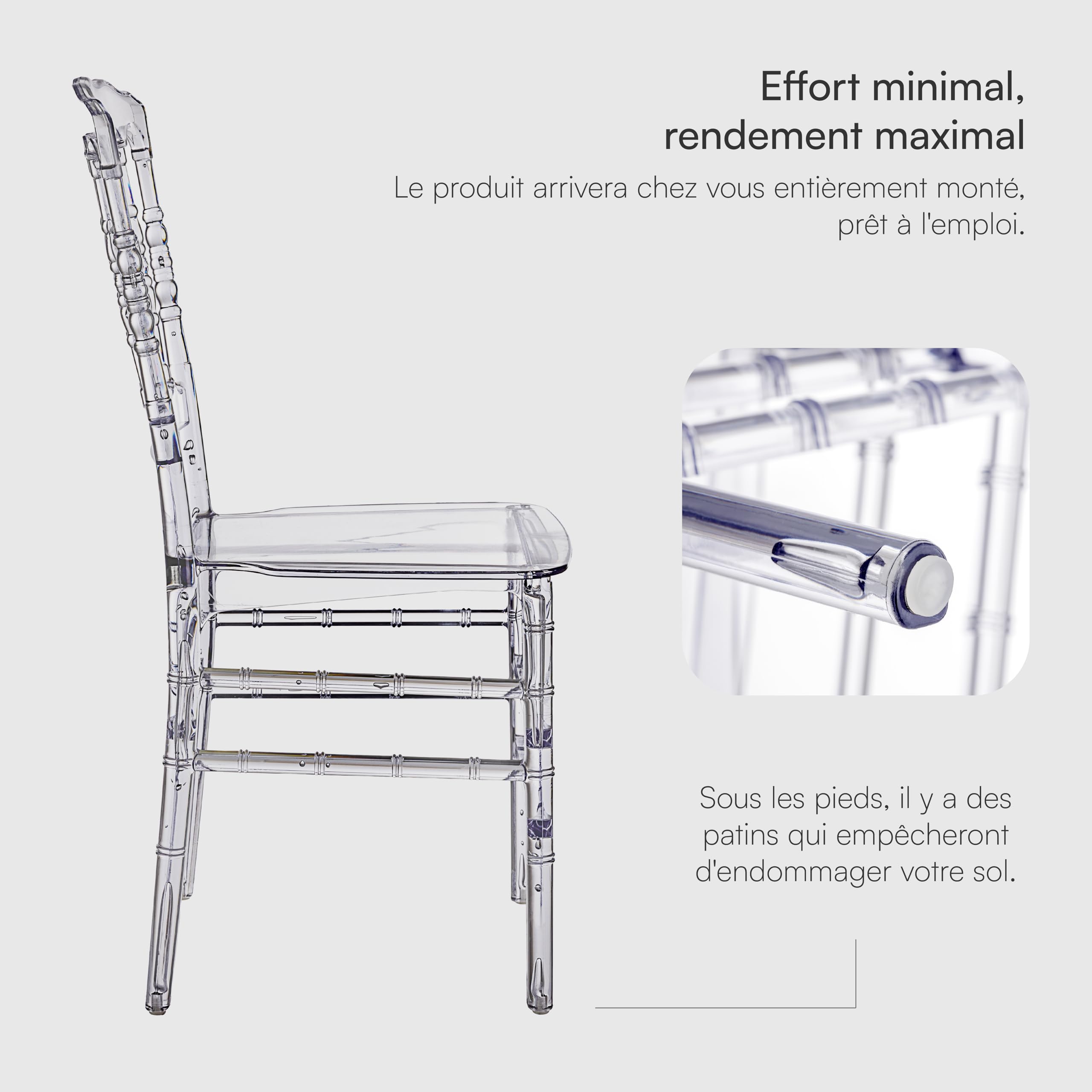 Baroni Home Set de 4 Chaises en Polycarbonate Transparent, Assise au Design Élégant Empilable et Imperméable pour Salon, Salle à Manger, Chambre à Coucher, 38X38X91 cm, Bambou