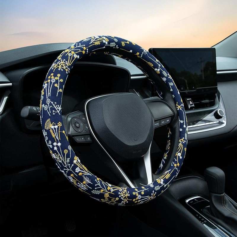 Capa para volante LAWHOWJIE Azul-marinho com flores esféricas, antiderrapante, para 36,8–38,1 cm, CXFXPT2