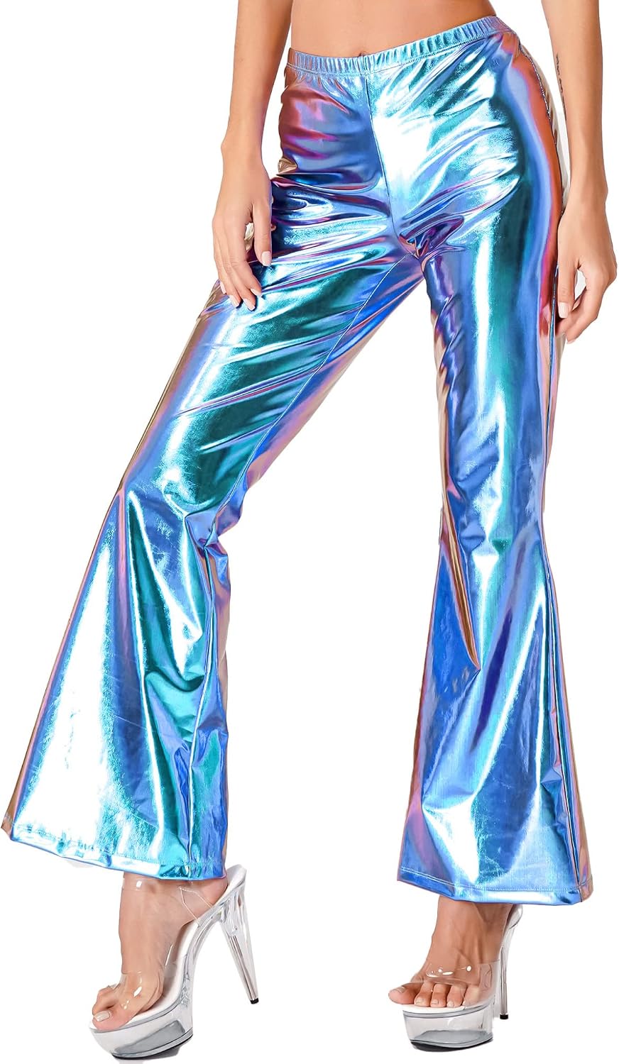 Sholeno Womens Shiny Metallic Disco Pants Bell Bottom Flared Long Trousers Cosplay Party Stage Costume
