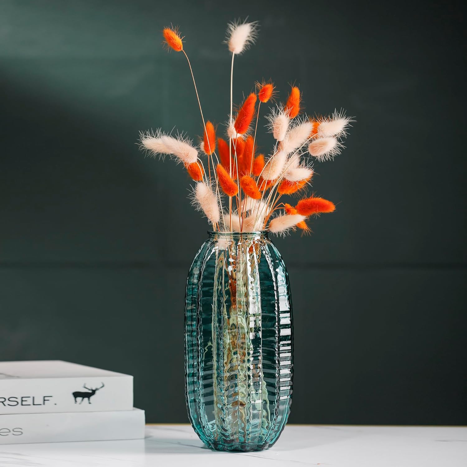 Unique Cylinder Shaped Green Glass Flower Vase-9.8 inch Tall,Simple Striped Design for Home Decor,Centerpieces, Wedding, Dining Table, Arrangement. - Image 2