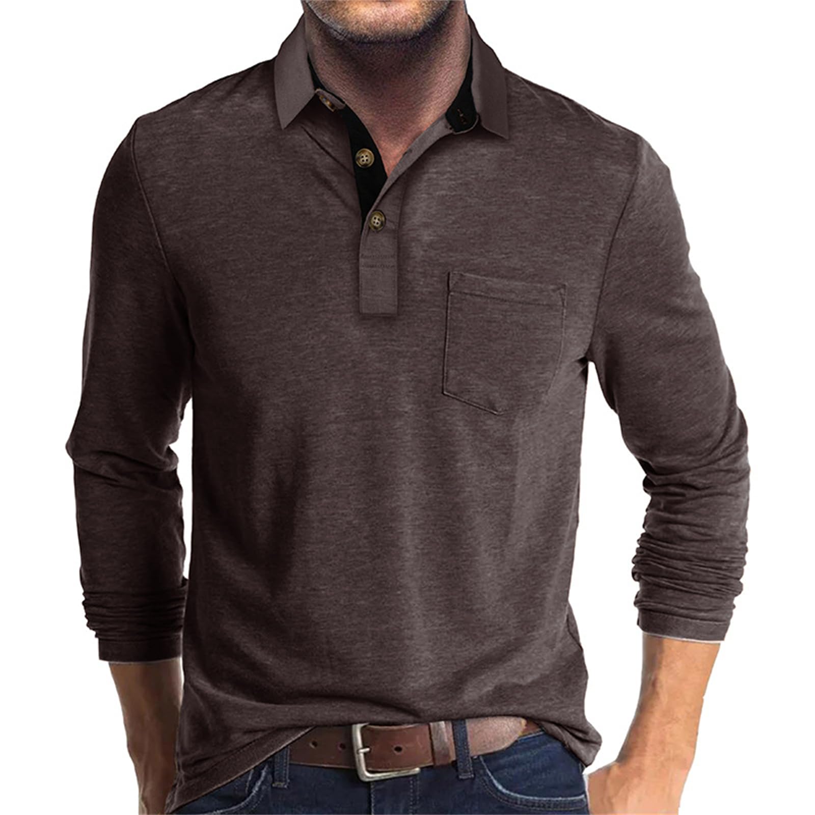 Photo 1 of PICKLION Mens Long Sleeve Polo Shirts Casual Moisture Wicking Golf Polo Shirts with Pocket Coffee