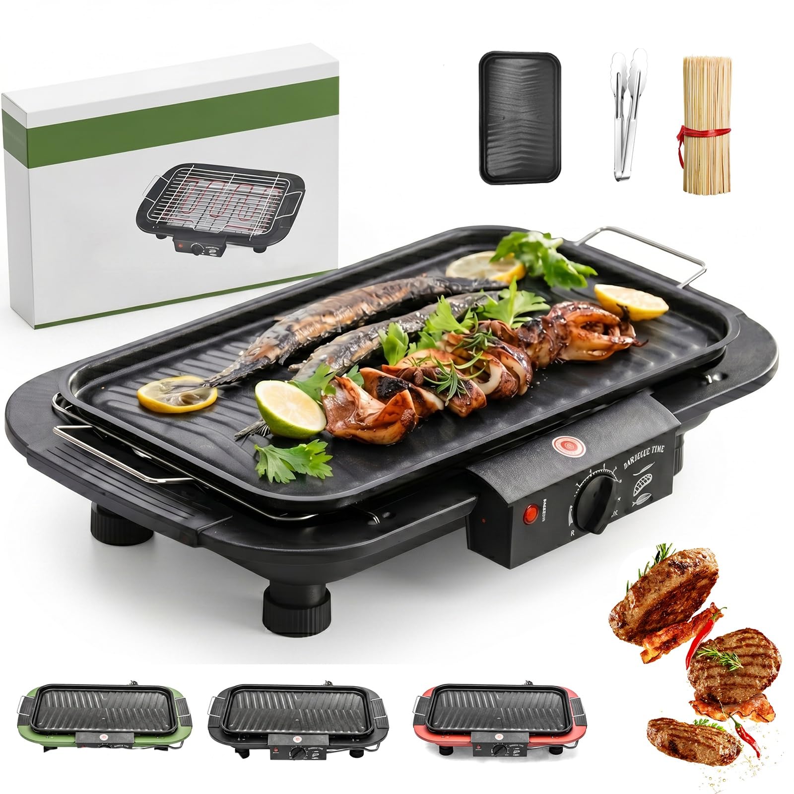 2000w Electric Bbq Grill, Smokeless Indoor & Outdoor Portable Barbecue With Removable Stand, 6 Temp Settings & Double Heating Tube, Includes Grilling Tongs, Skewers, And A Grill Pan.(Black)