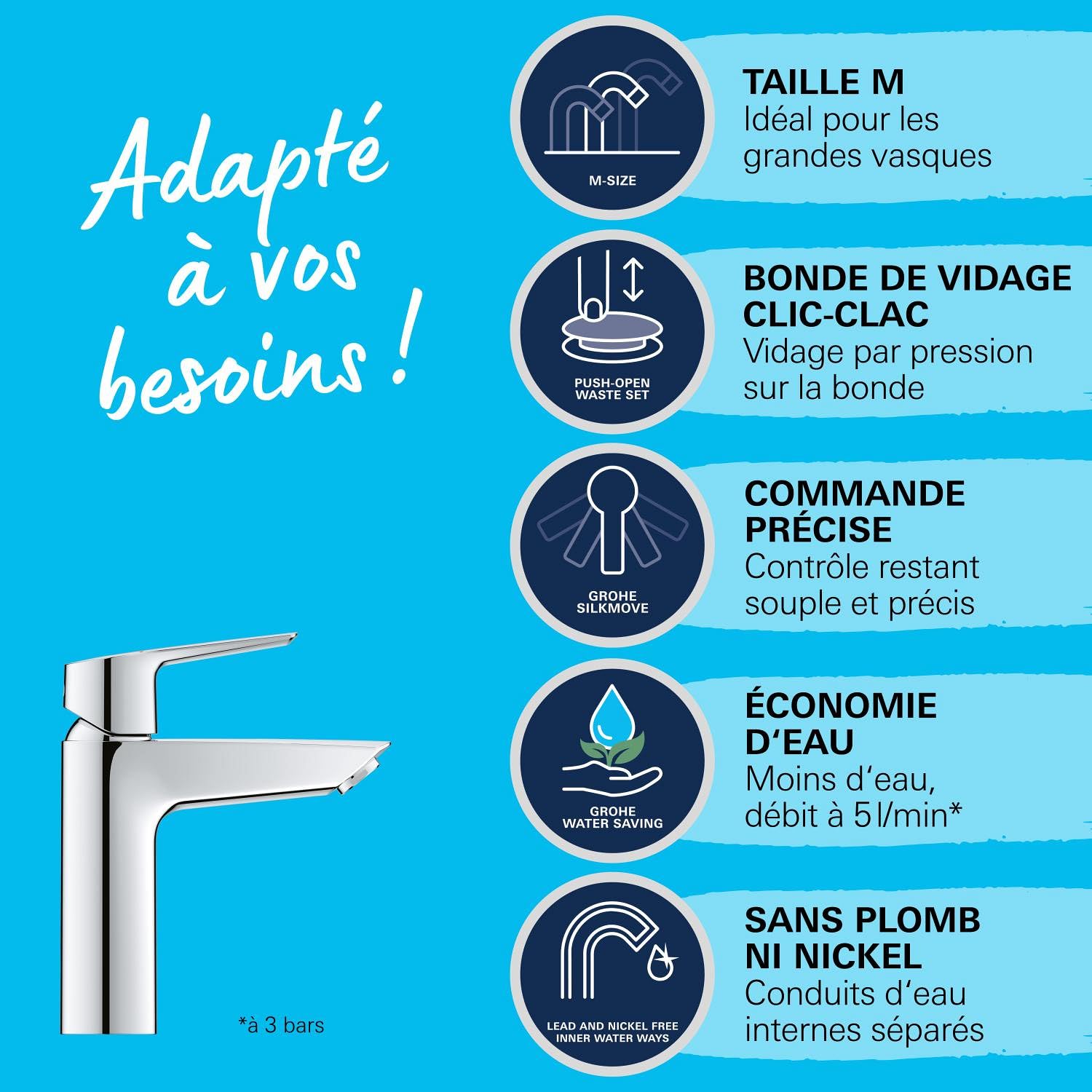 GROHE Robinet de salle de bain, Chromé, Pour le lavabo Taille M