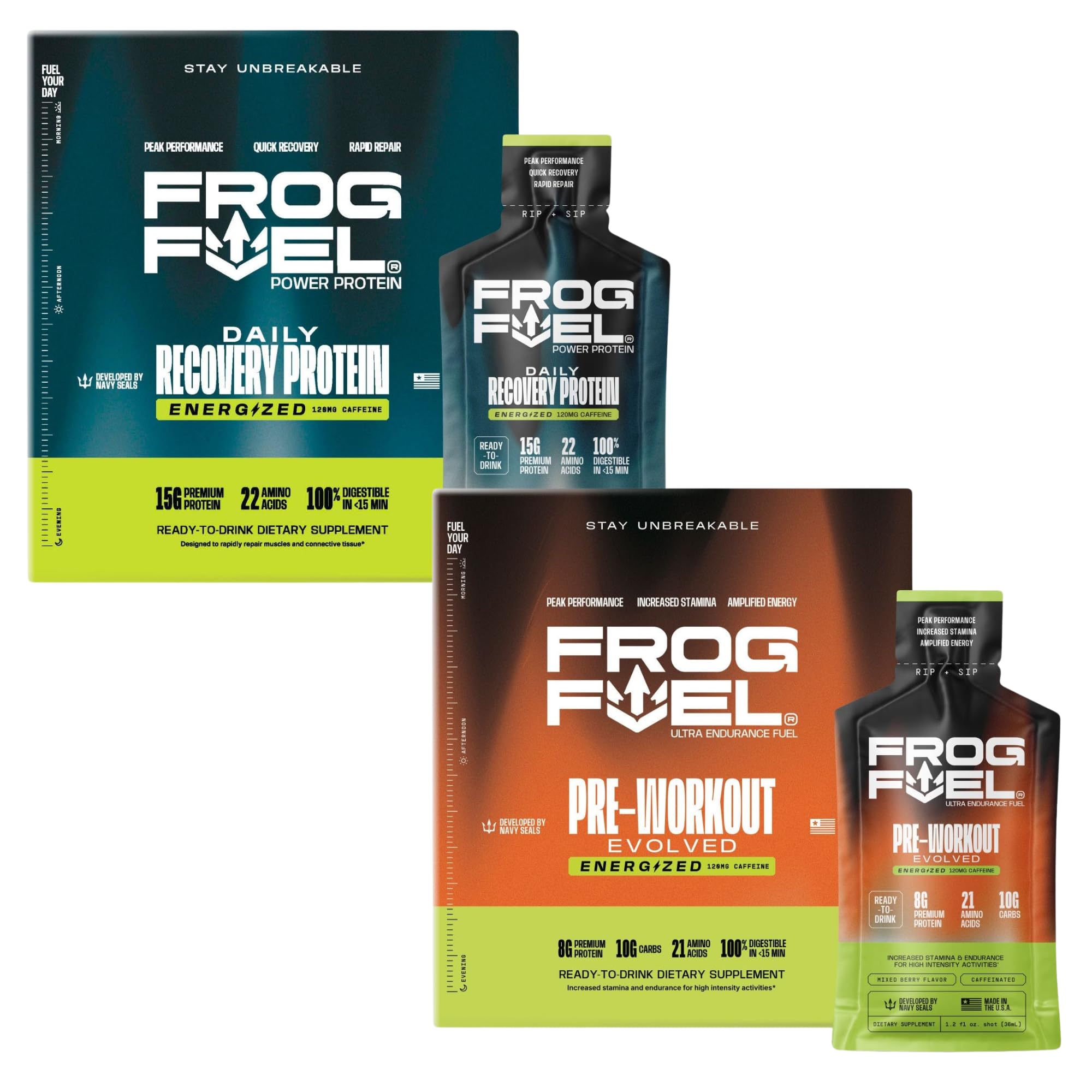 Power Energized Protein & Ultra Energized Pre Workout Shot Bundle, 1500mg Beta Alanine, 15g Protein Nano-Hydrolyzed Grass Fed Collagen, Pre & Post Workout, 1.2 oz Packets, 48 Pack