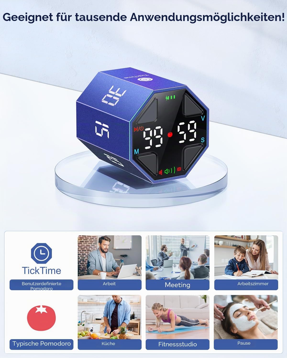 Ticktime T8 Pomodoro Timer Cube für Fokus, Lernen, Arbeit, ADHS, Küche | Pomodoro-Timer, Schneller Flip-Countdown 3/5/10/15/30/45/60 min, Timer & Stoppuhr, 3 Erinnerungen, Flip Pause & Fortsetzen