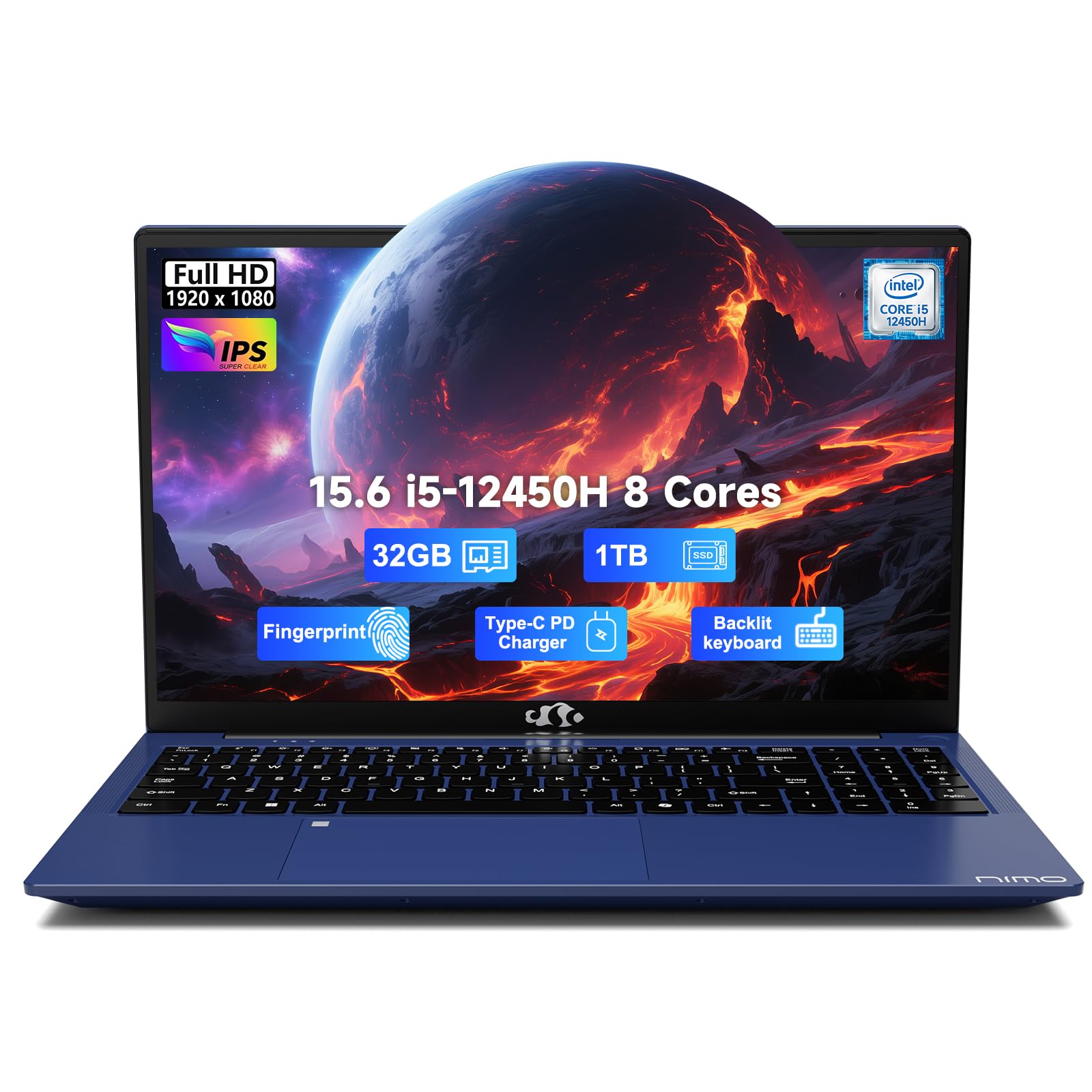 NIMO 15.6" FHD-IPS-Business-Laptop, 8 Cores Intel i5-12450H 32GB RAM 1TB SSD (Beat i7-11800H, Up to 4.4GHz) Backlit Keyboard Computer, 100W Type C Fingerprint WiFi 6 Numpad Win 11