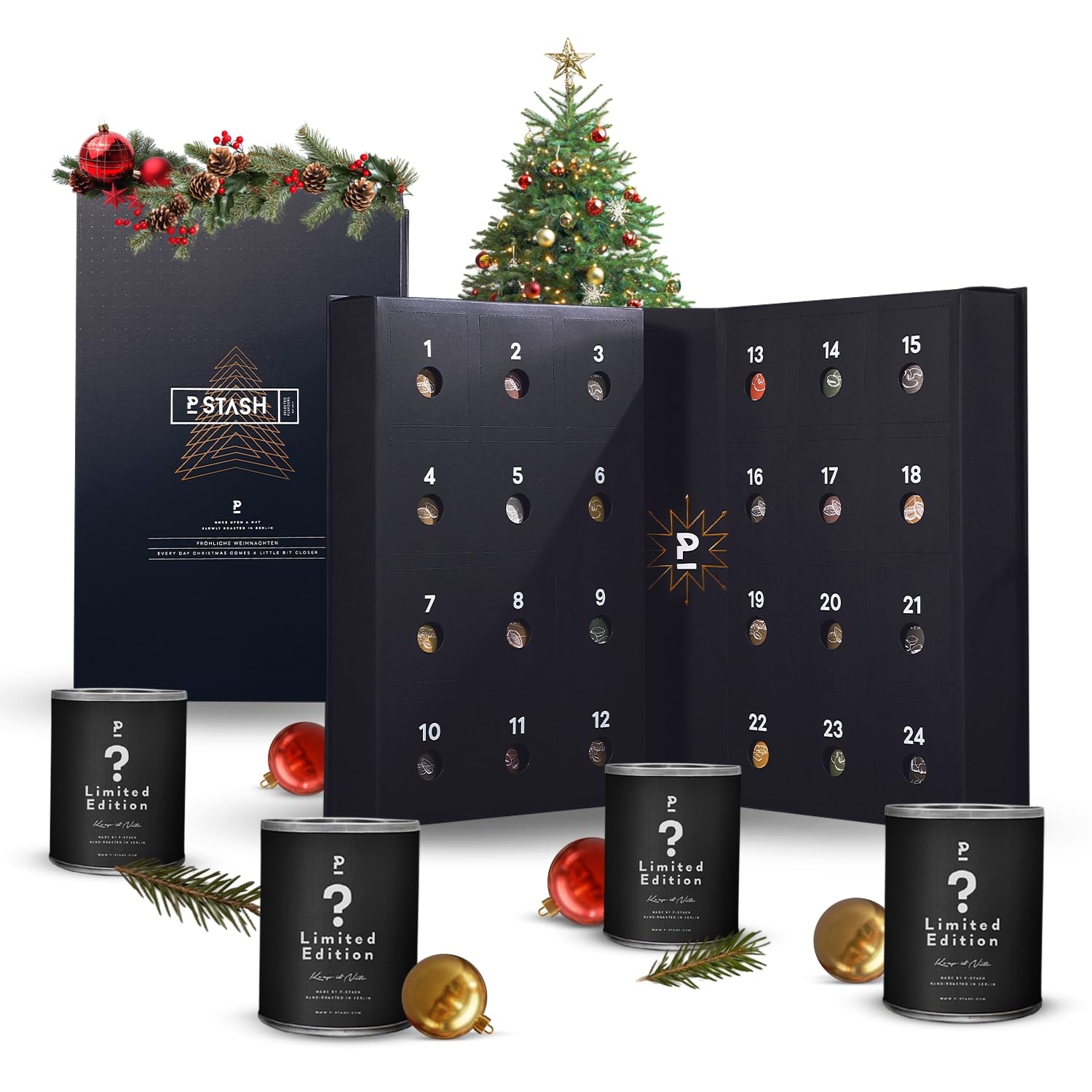 Calendario de Adviento P-Stash 2025: calendario navideño con frutos secos y chocolate: pistachos, almendras, avellanas, cacahuetes y mucho más. Mezcla de frutos secos con especias únicas
