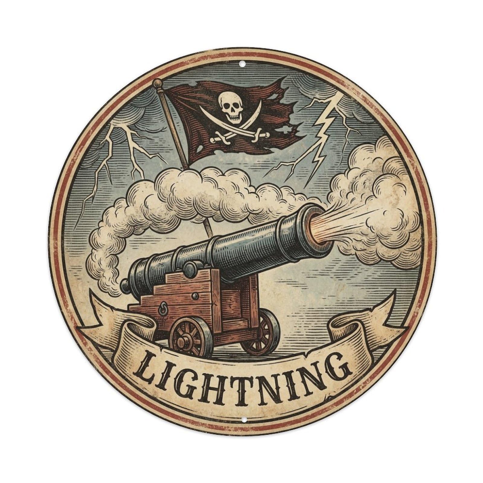 Lightning Big Cannon Smoke Jolly Roger Flag Broadside Metal Tin Sign