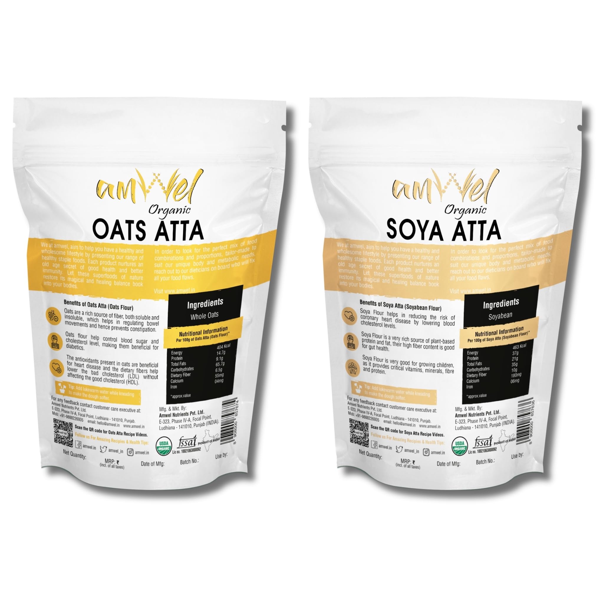 Amwel Combo of Oats Atta 450g + Soya Atta 450g | Oats Flour + Soyabean Flour | Diabetic Friendly Low GI Fiber Protein Atta for Chapati | Weight Management | For Good Health | 900g | Vacuum Packed - Image 3 thumbnail