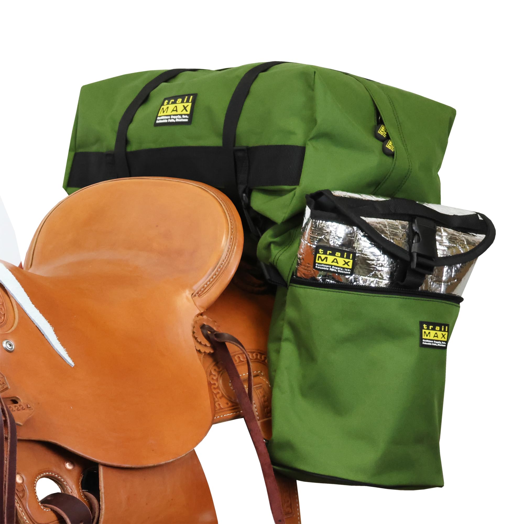 TrailMax Medium Saddlebags for Trail Riding; Insulated Saddle Bags for Horses with Detachable Cantle Bag; Saddle Bag & Cantle Bag Set; Saddle Bags for Western & Endurance Saddles, Olive
