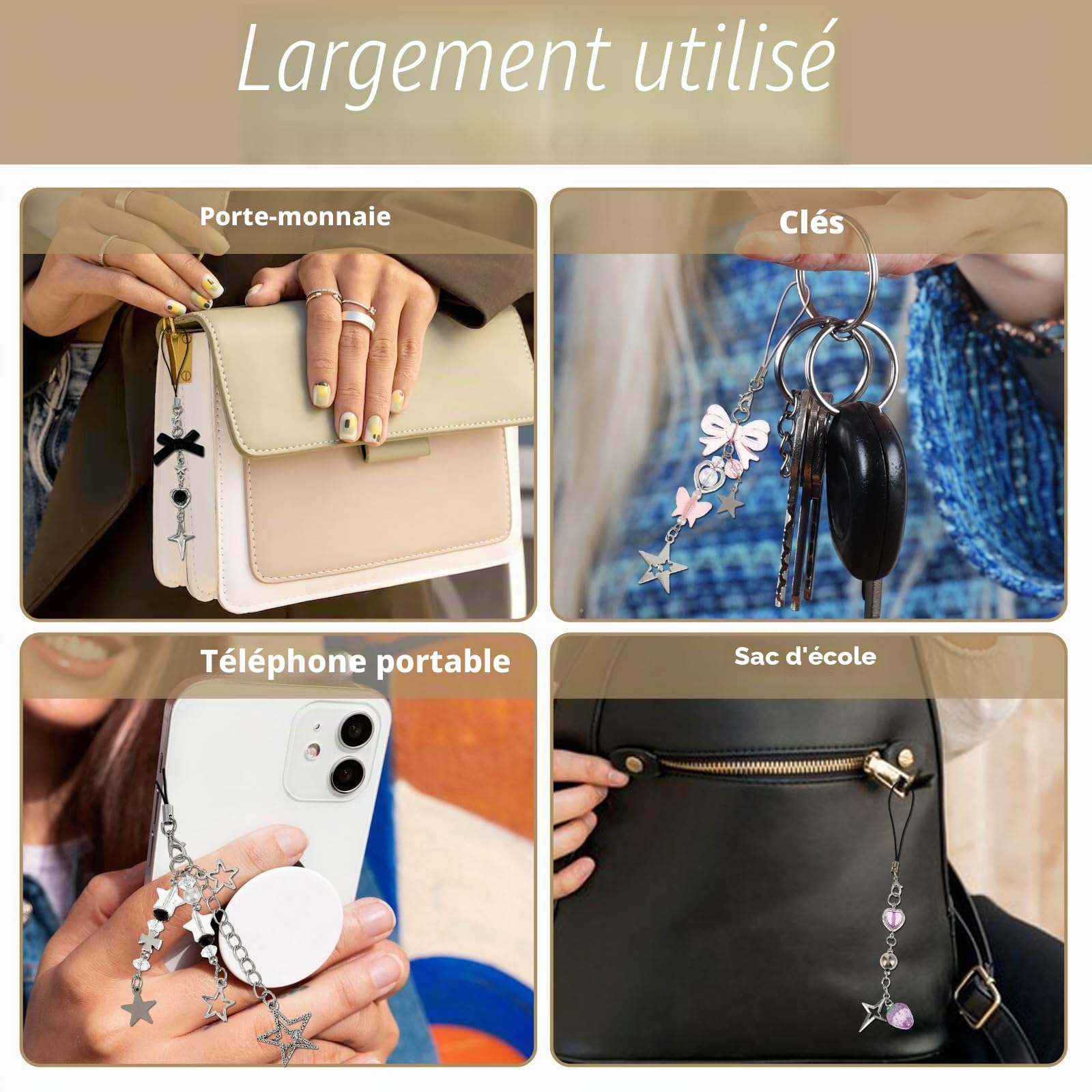 4 jolies breloques pour téléphone portable, ensemble de bijoux de telephone, fraise rose, papillon, étoile breloque pour téléphone portable, porte-clés, décoration d'appareil photo