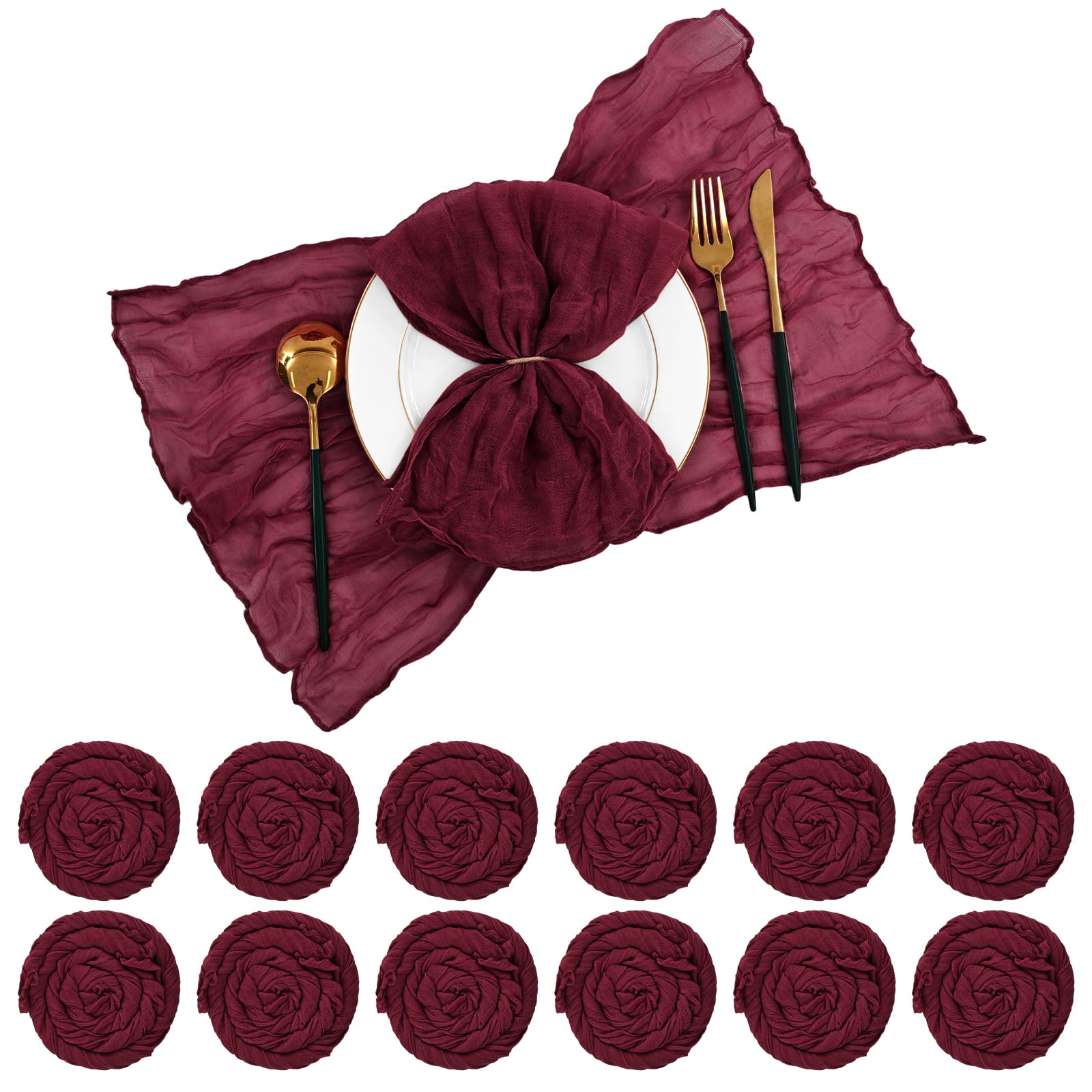 Lot de 42 serviettes de table en gaze en étamine, 50,8 x 50,8 cm, rustiques et infroissables pour mariage, dîner, fêtes (bordeaux)
