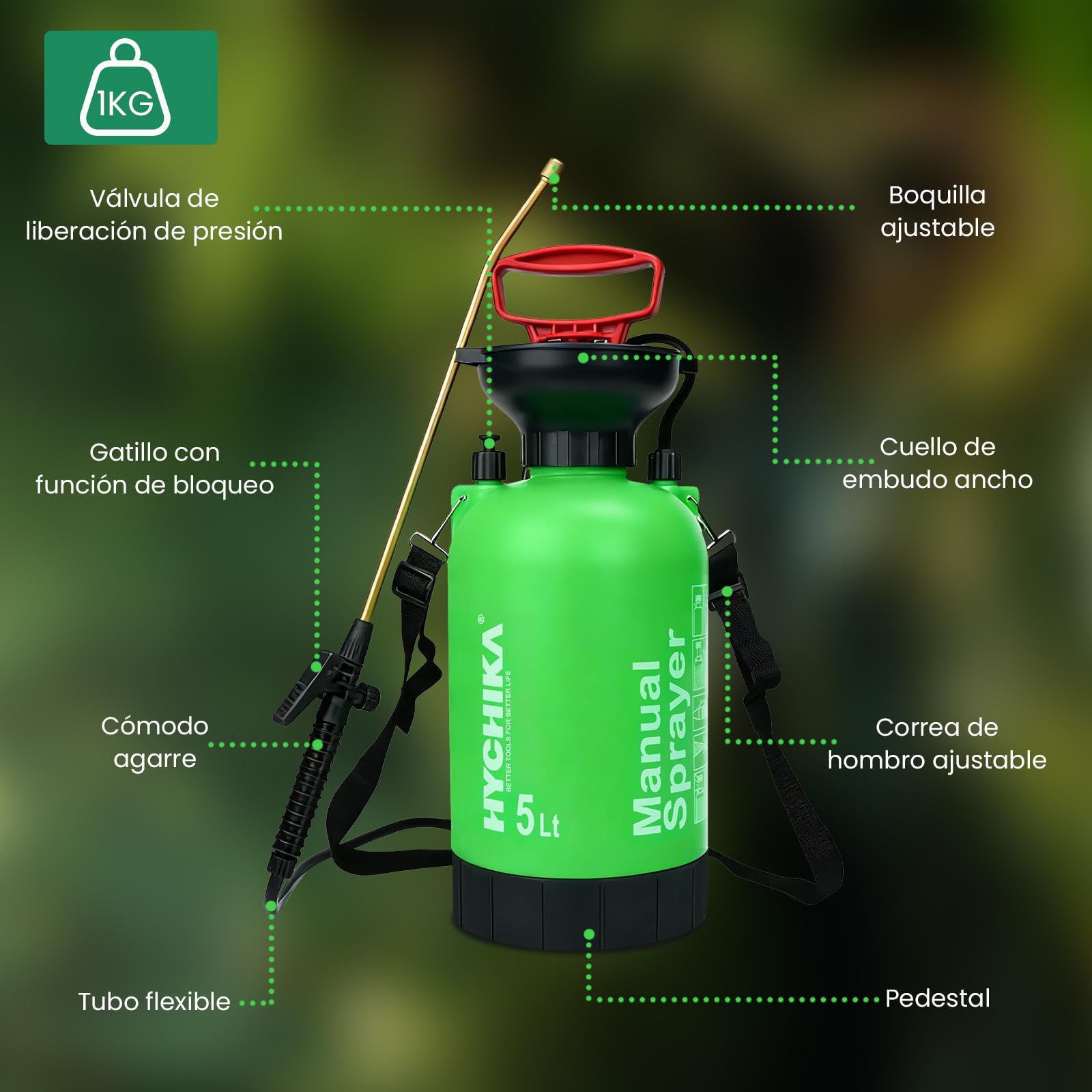 HYCHIKA Pulverizador a Presión 5L, Sulfatadora Manual 5 litros, Mochila Fumigadora Pulverizador Plantas, Lanza de Acero Inoxidable, Boquillas Regulables, para Riego de Plantas y Cuidado del Jardín