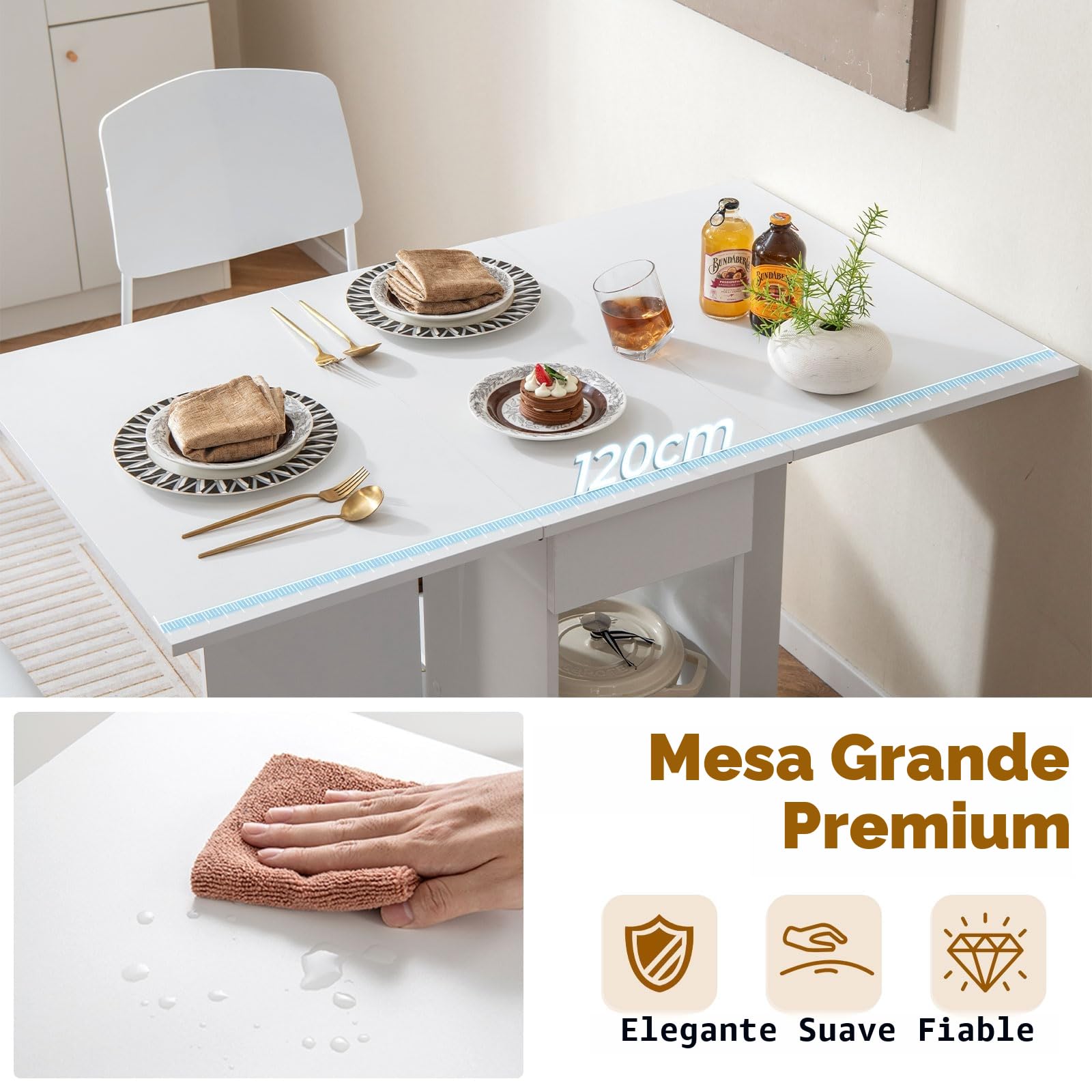 GIANTEX Mesa de Comedor Plegable, Mesa de Cocina Móvil con 2 Ruedas Universales, con 1 Cajón y 2 Estantes, Mesa de Madera con Tablero Extensible, para Comedor, Salón, Dormitorio (Blanco)