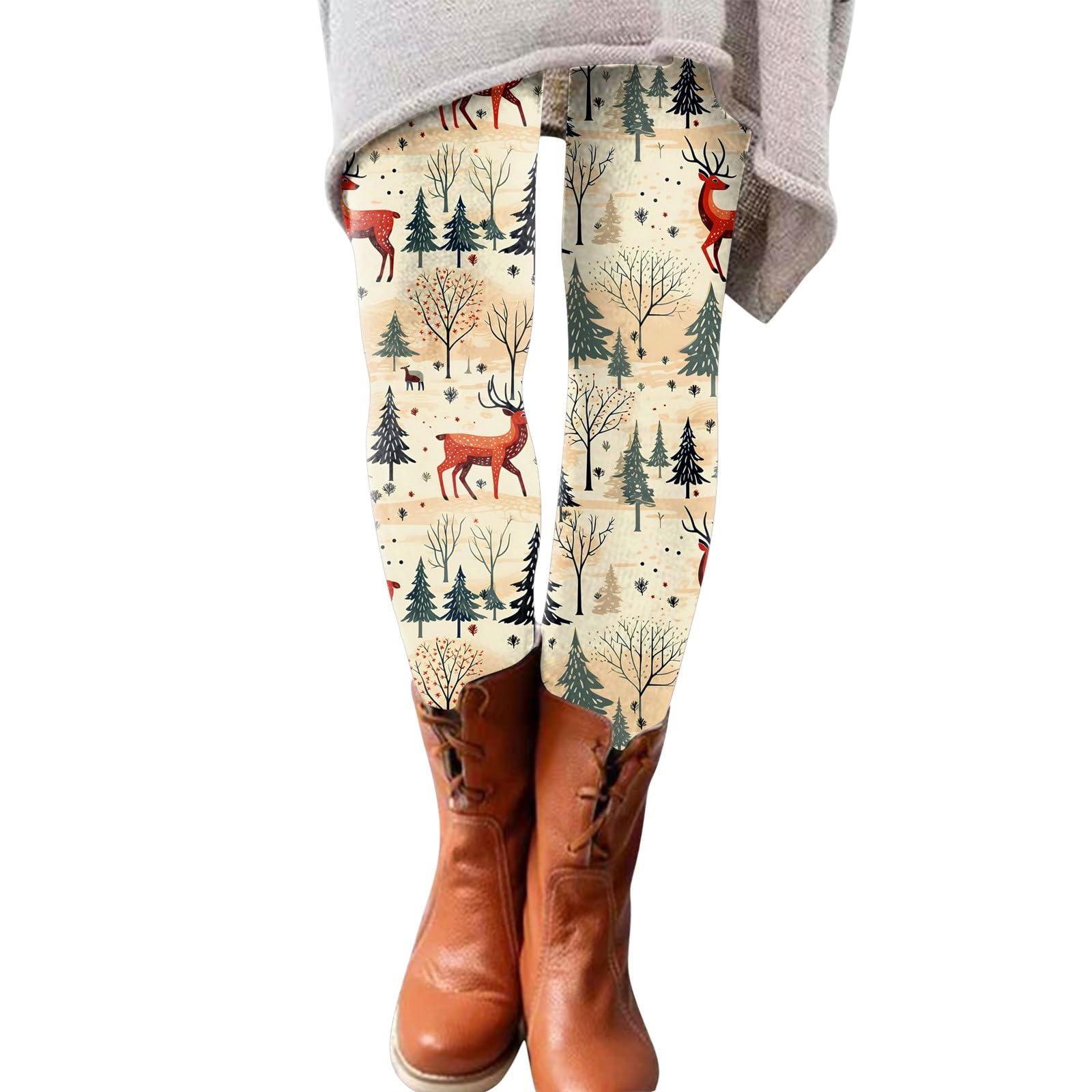 SHAOBGE Women's Christmas Leggings High Waisted Winter Workout Pants Tummy Control Santa Claus Print Gym Legging Tights #5-beige X-Large
