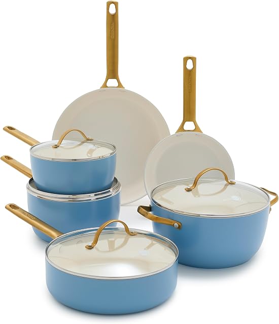 GreenPan Reserve Hard Anodized Healthy Ceramic Nonstick 10 Piece Cookware Pots and Pans Set, Gold Handle, PFAS-Free, Dishwasher Safe, Oven Safe, Sky Blue