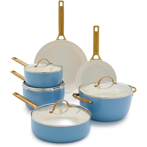 GreenPan Hard Anodized Healthy Ceramic Nonstick 10 Piece Cookware Pots and Pans Set, Gold-Tone Stainless Steel Handles, PFAS & PFOA-Free, Dishwasher Safe, Oven & Broiler Safe, Sky Blue
