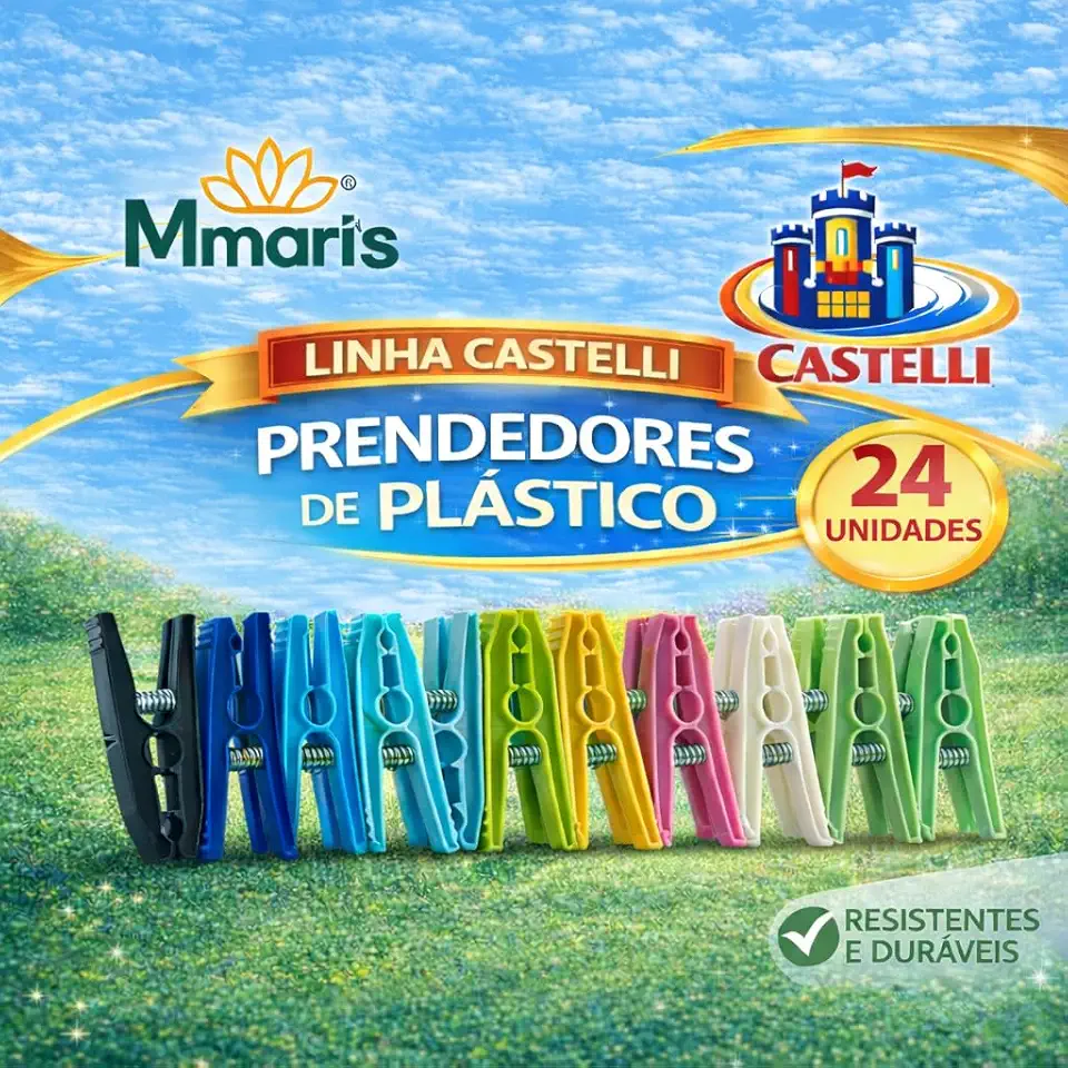 24 Prendedor Roupa Pregadores Resistente Pregador Reforçado Não Resseca Não Enferruja Não Deforma Linha Castelli M MariS