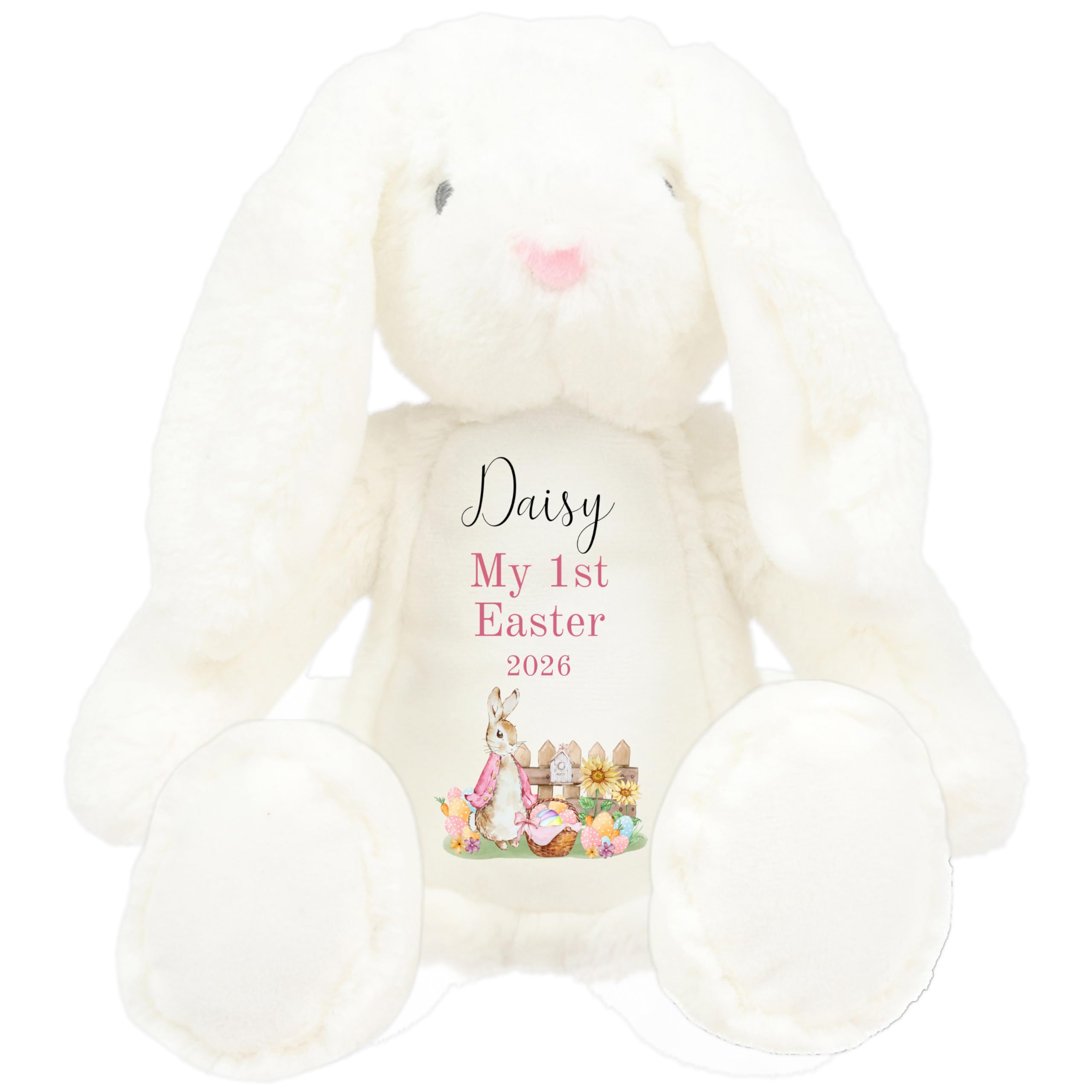 HotScamp Personalised Easter Bunny with Name - Rabbit My 1st Easter 2026 Pink - Soft Toy for Baby, Toddler, Child, Kids, Babies Spring Time - Pink Letter White Bunny
