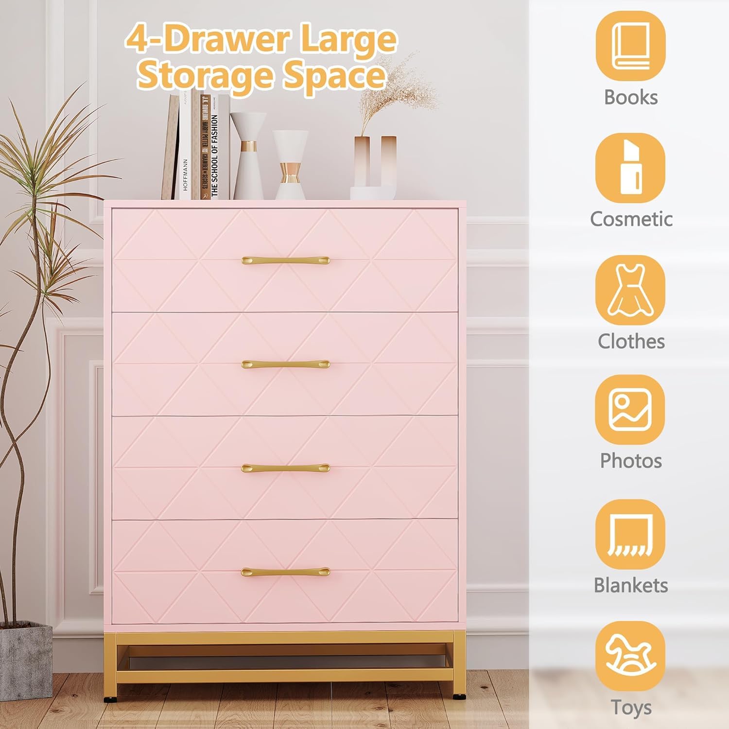 Garvee Commode à 4 Tiroirs pour Chambre, Commodes Modernes avec Tiroirs Larges et Poignées Métalliques, Commodes en Bois 61x40x93 cm (Rose)