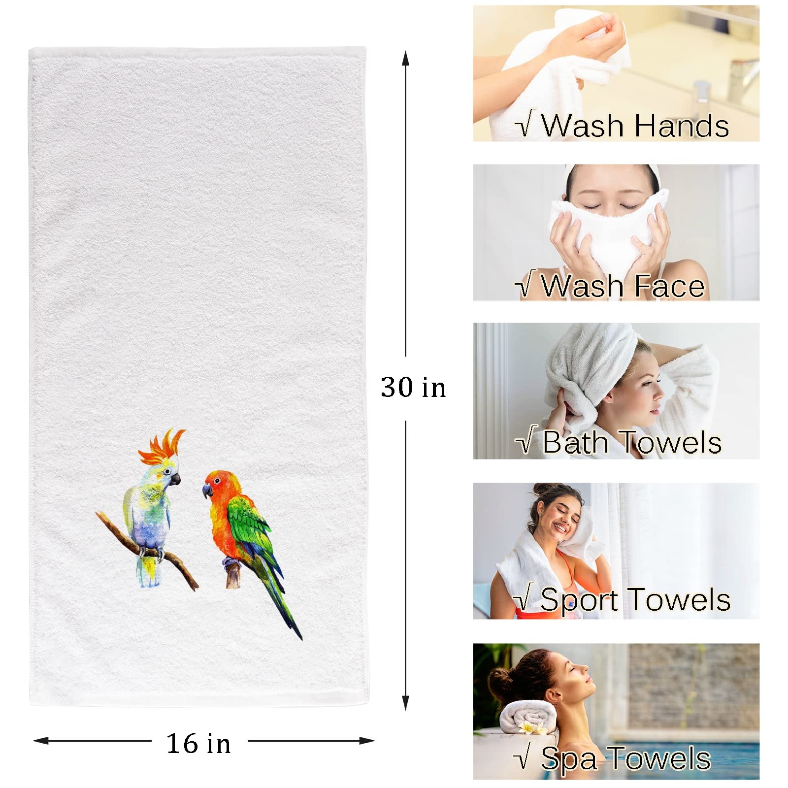 Naanle Watercolor Birds Parrot Hand Towels White Bath Towels Soft Absorbent 100% Combed Ring Spun Cotton Bathroom Towel Kitchen Dishwashing Towel Hotel Spa Towels 16 x 30 inches