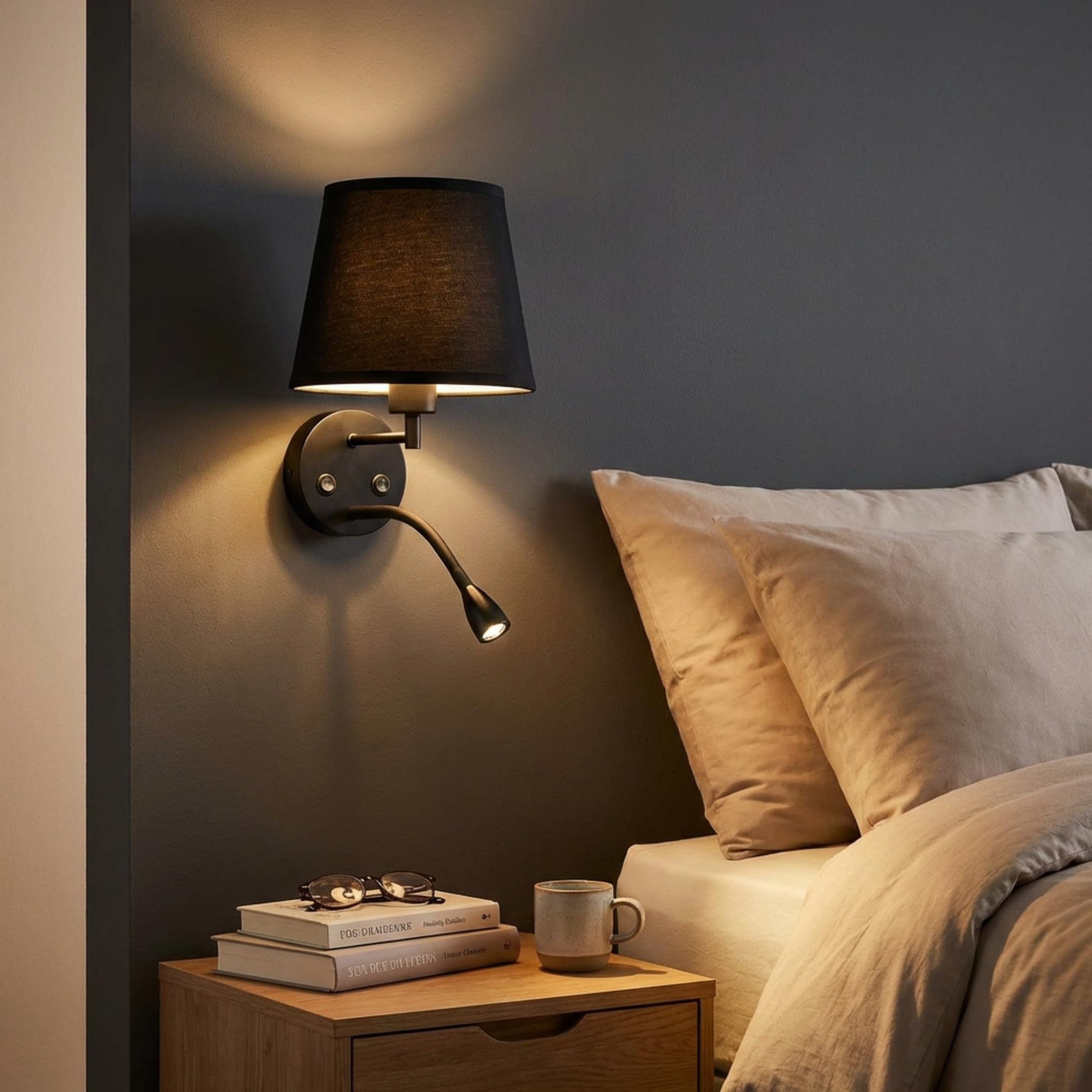 BarcelonaLED lampa ścienna LED E27 z Flexo lampka do czytania wychylna, elastyczna 3 W, tekstylny przełącznik do sypialni, zagłówka, łóżka, salonu