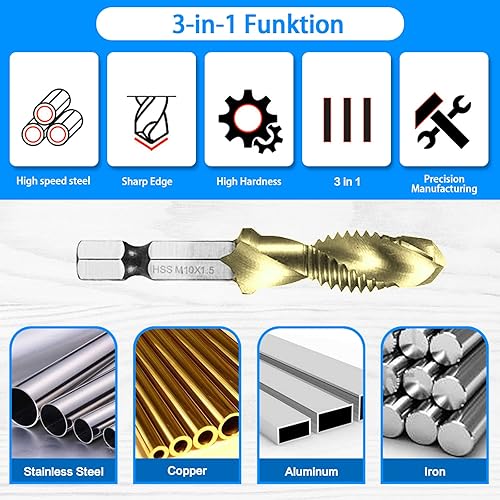 Miniatura 5 de Juego de brocas combinadas, 6 piezas SAE (6-32NC  14-20NC) y 6 piezas métricas (M3  M10) recubiertas de titanio para taladrar roscas, roscado