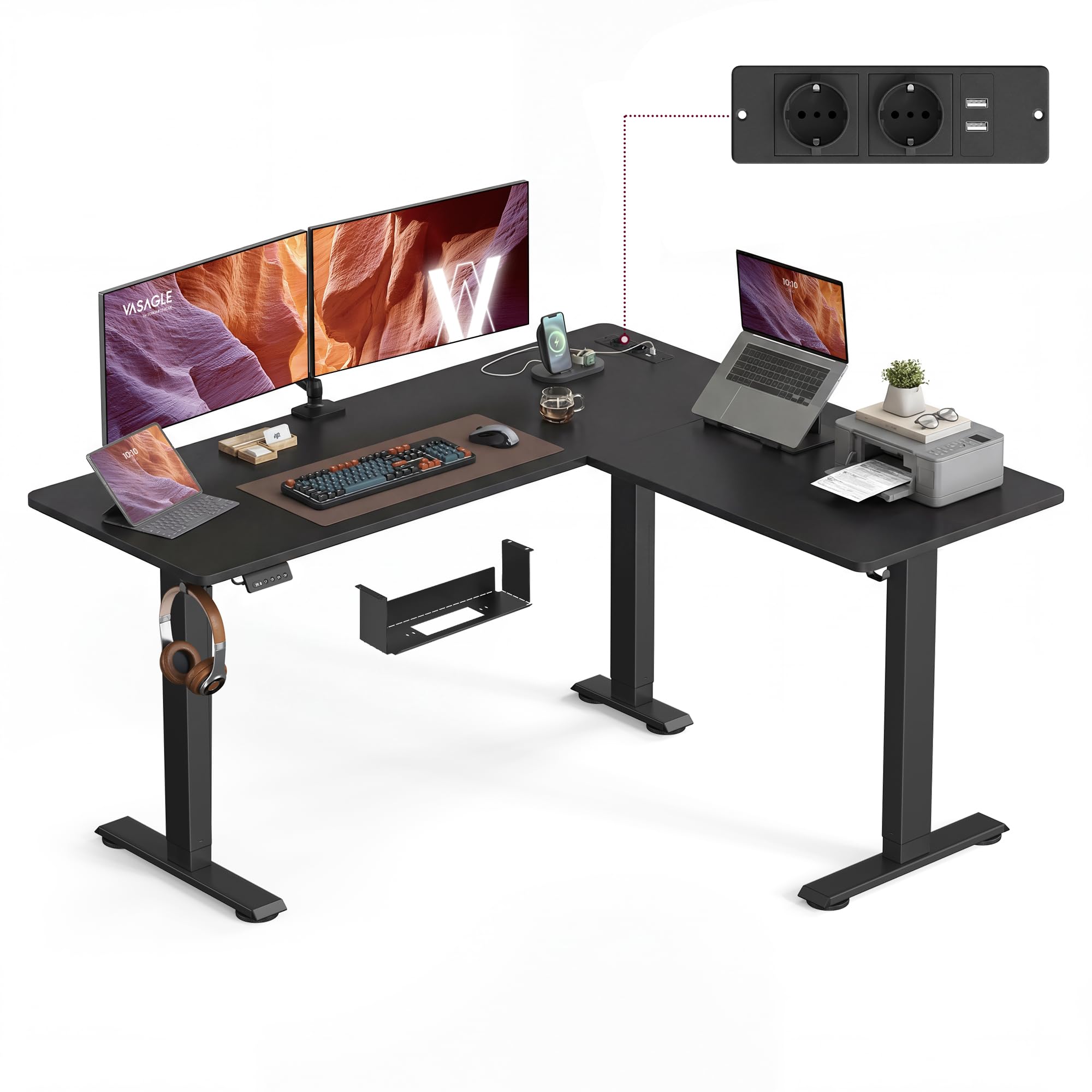 VASAGLE Scrivania Regolabile in Altezza, 160 x 140 cm, Scrivania Angolare a L, Standing Desk, 2 Prese AC, 2 Porte USB-A, Ripiano per Ciabatta, per Ufficio, Nero Inchiostro LSD264BZ01