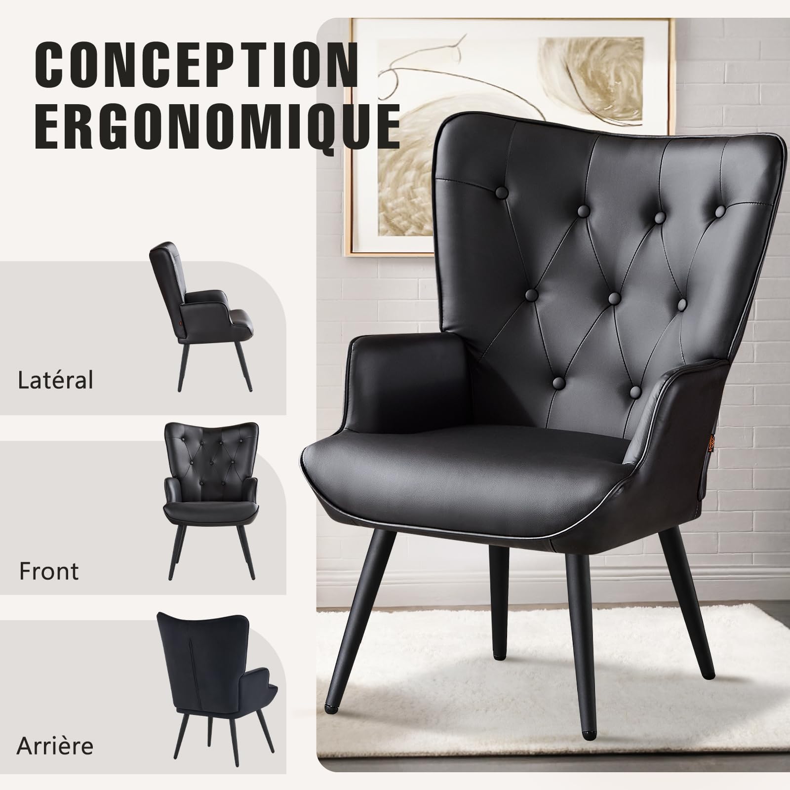Set di 2 Poltrona Salotto, Poltrona Camera da Letto Poltrone Scandinava Relax in Finta Pelle con Braccioli, Poltrone Imbottita in Velluto con Schienale Alto per Camera da Letto Soggiorno, Nero