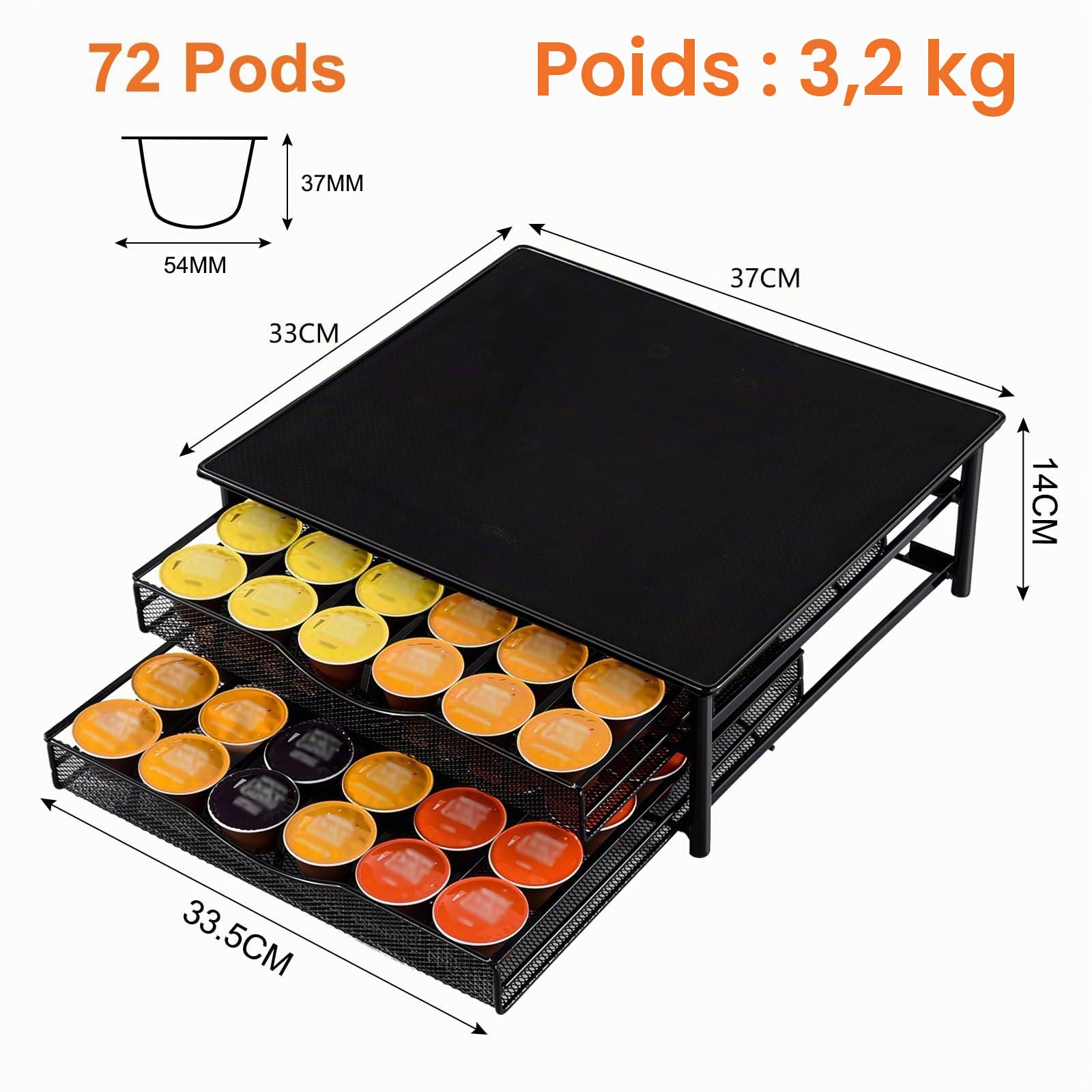 Porte-Capsule pour 72 Dolce Gusto Capsules, Support de Machine à Café avec 2 Tiroirs de Rangement Dosettes Antidérapants, Distributeur/Organisateur Capsules en Métal avec Surface Anti-Vibration