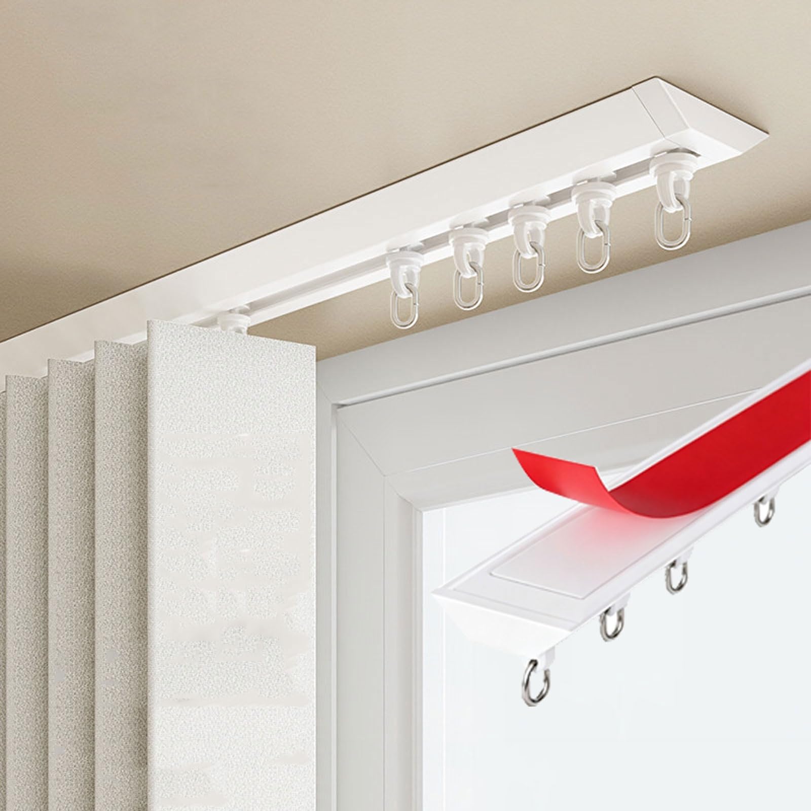 No Drill Self Adhesive Curtain Track Aluminum Ceiling Curtain Rail with Silent Rollers Ceiling or Wall Mount Room Divider for Window, Bathroom, Closet(White,1m/3.3ft)