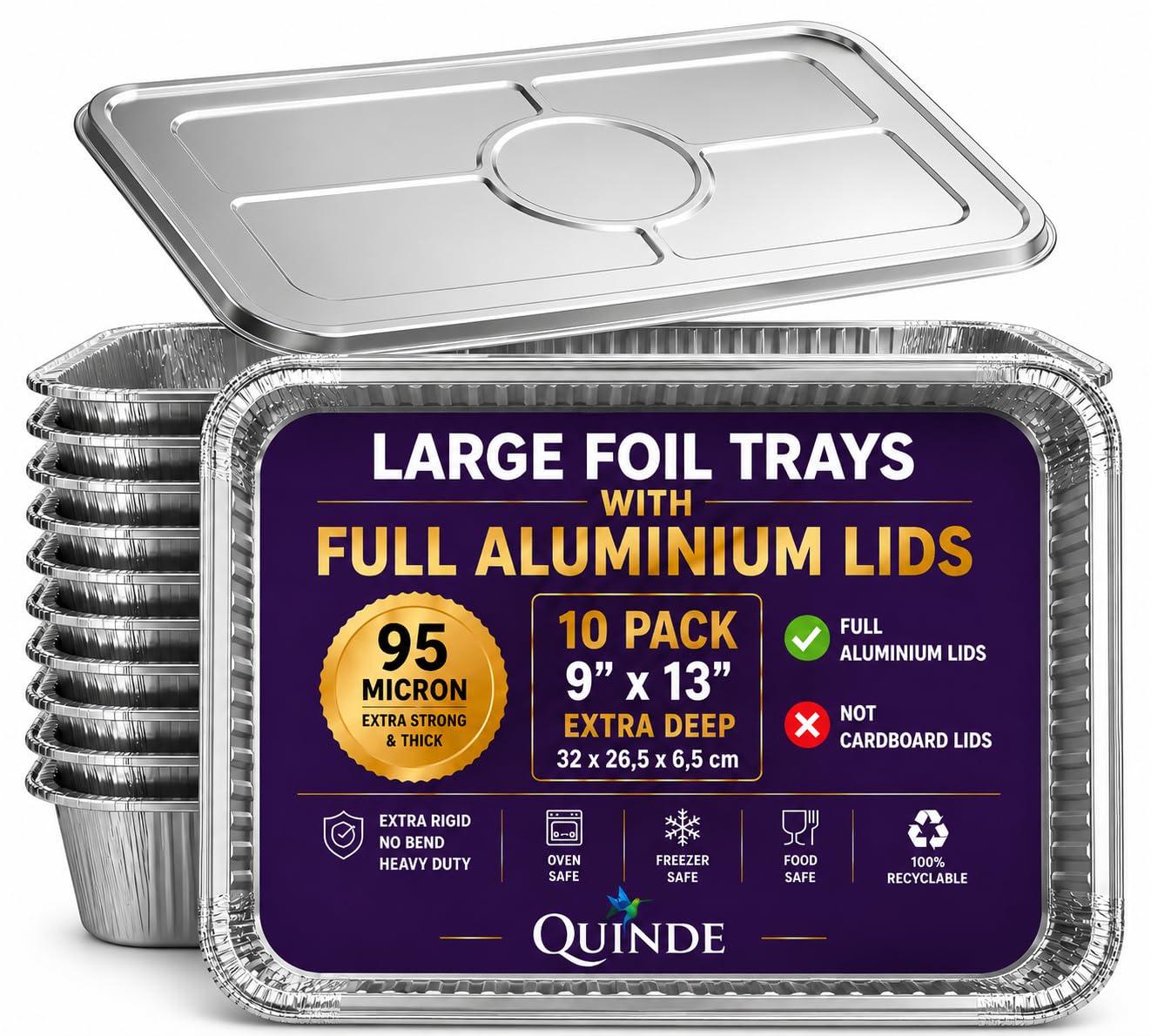 QUINDE Bandejas grandes de aluminio con tapas, paquete de 10 unidades, bandejas de aluminio resistentes de 3500 ml (equivalente a 32 x 26 cm, tapas de aluminio completas de alta calidad para catering